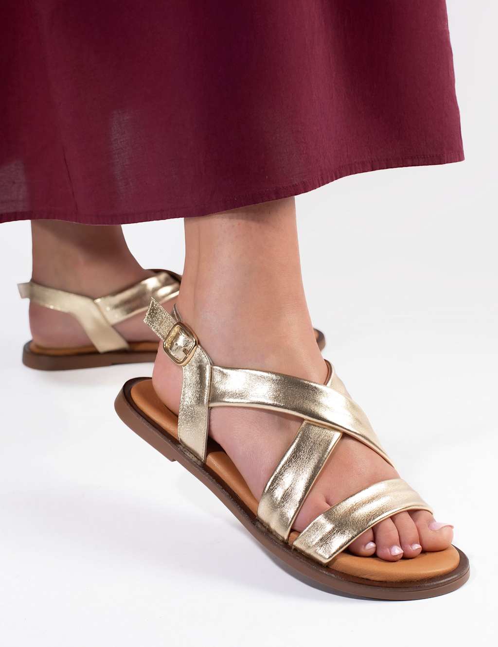Jones Bootmaker Women's Wide Fit Leather Strappy Flat Sandals - 8 - Gold - Available at M&S