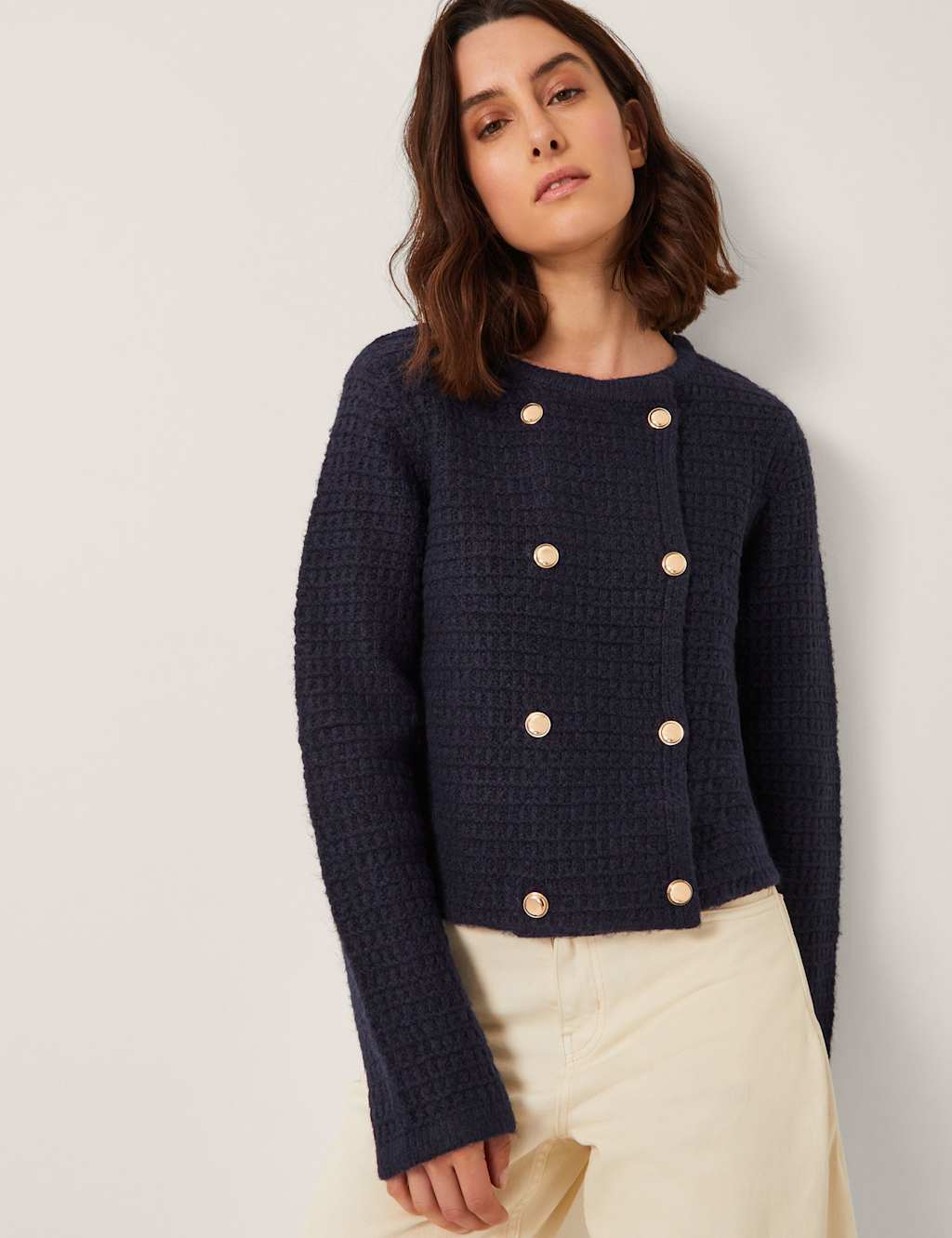Monsoon Waffle Knit Button Detail Cardigan Navy