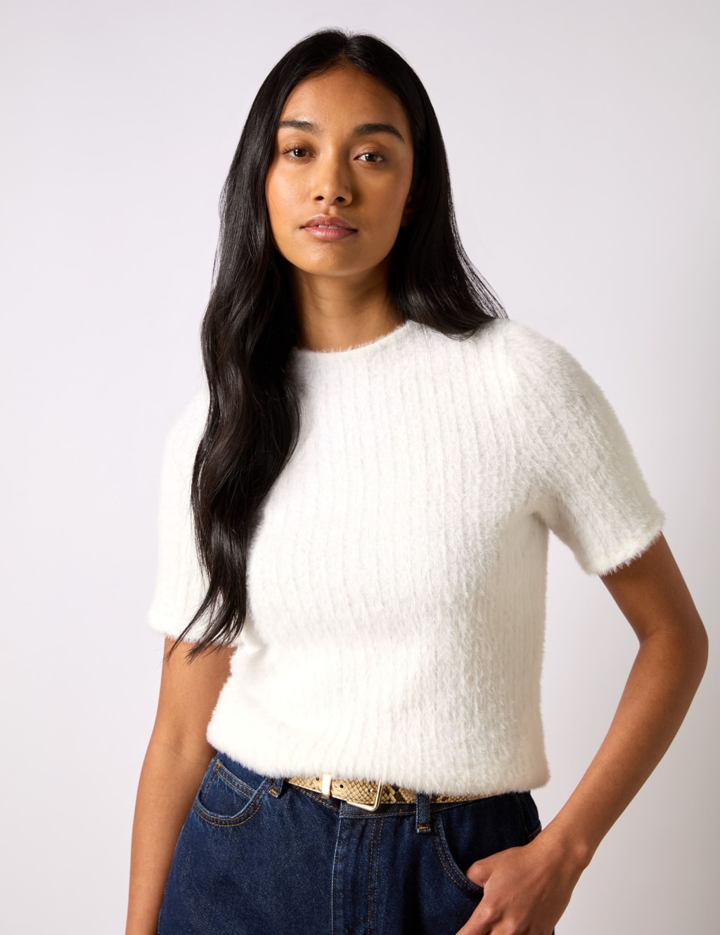 Fluffy Ribbed Crew Neck Knitted Top