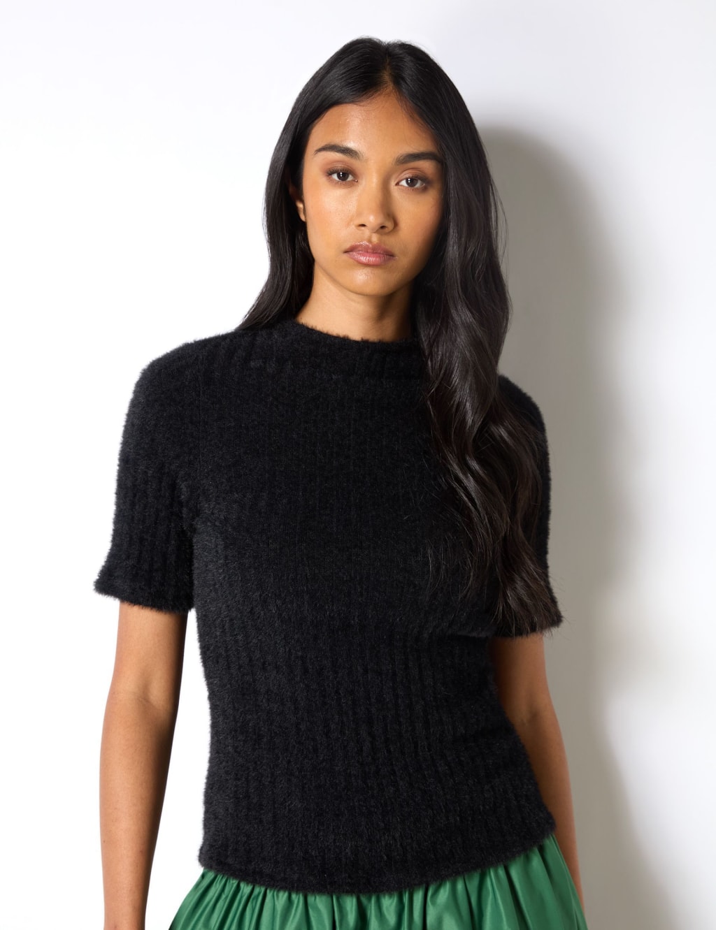 Fluffy Ribbed Crew Neck Knitted Top