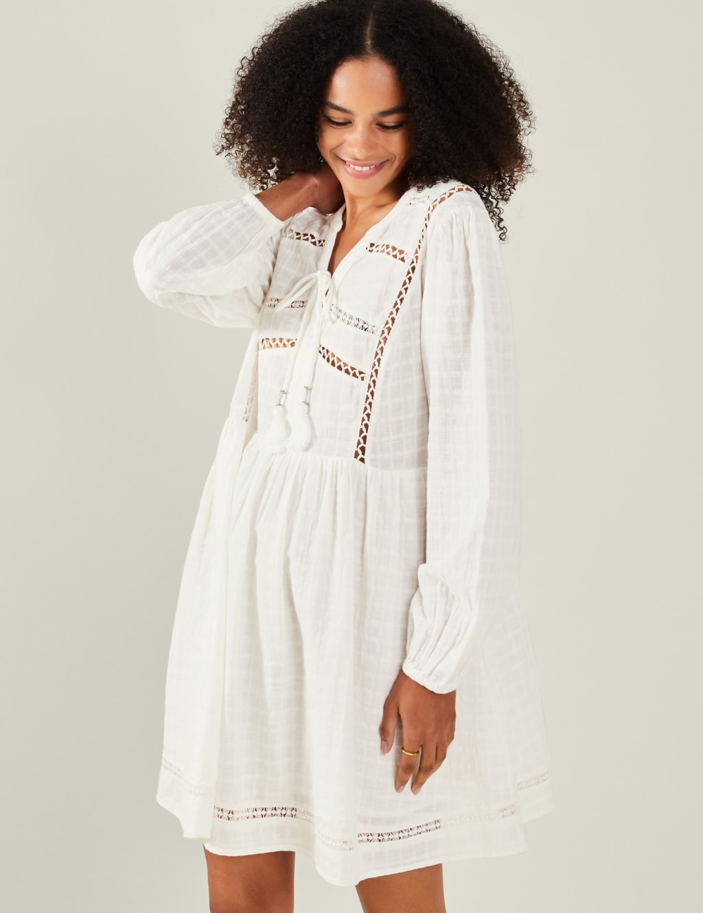 Pure Cotton Broderie Tie Neck Mini Beach Dress