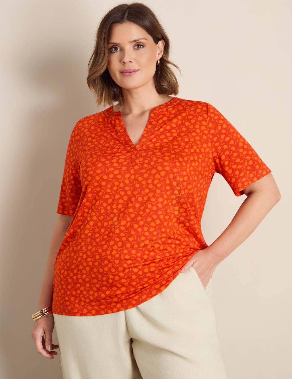 Live Unlimited London Women's Jersey Floral Notch Neck Popover Blouse - 24 - Orange - Available at M&S
