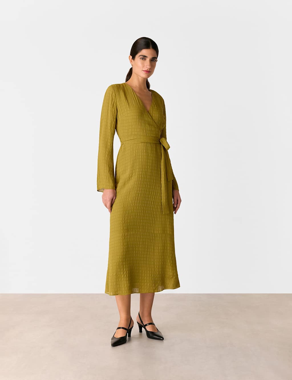 Whistles Textured V-Neck Tie Waist Midi Wrap Dress Olive