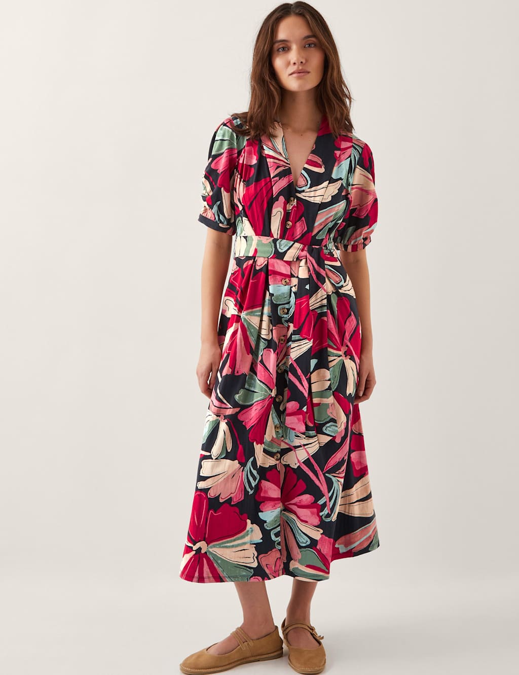 Monsoon Pure Cotton Printed V-Neck Midi Shirt Dress Red