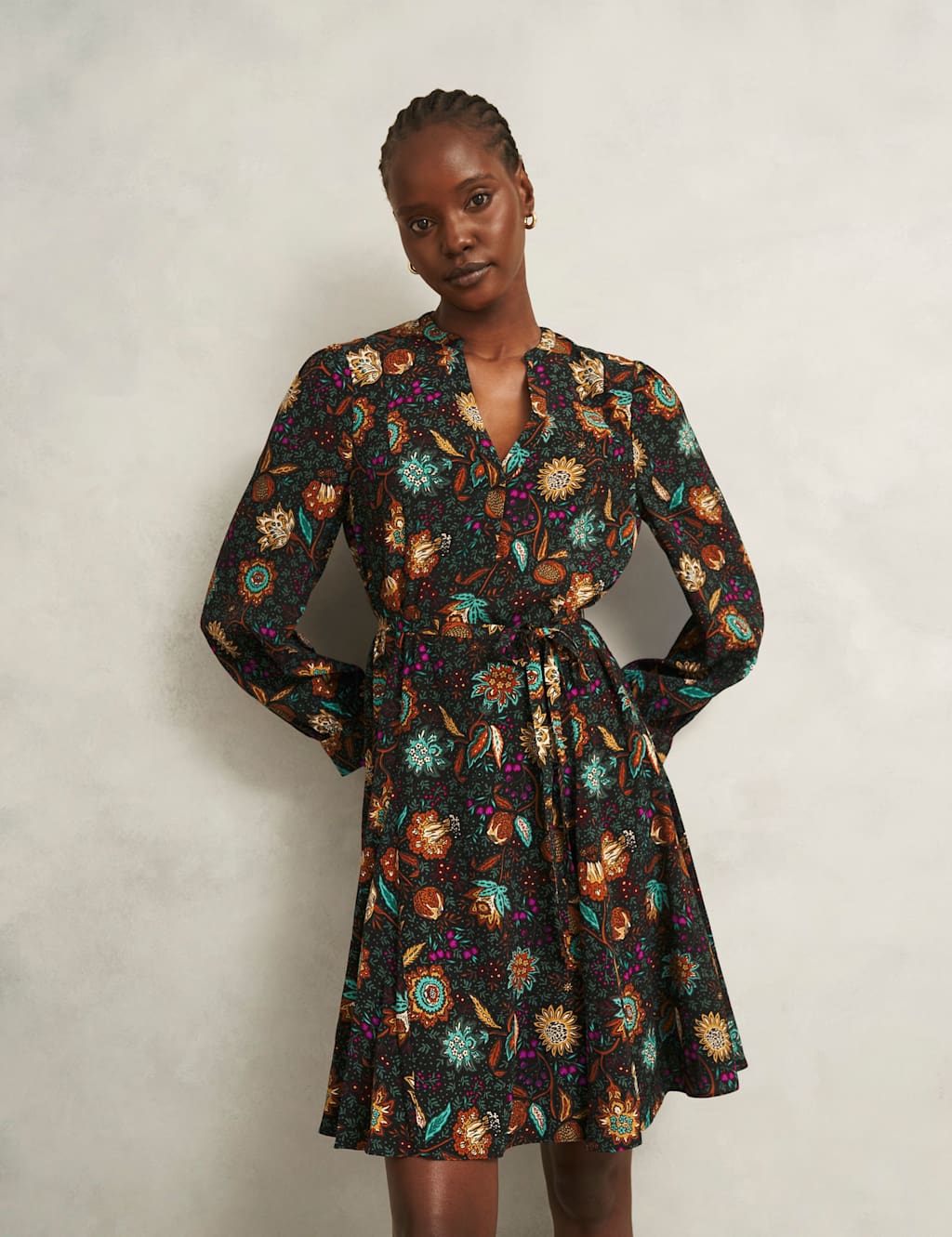 HOBBS Floral V-Neck Mini Skater Dress Black Mix