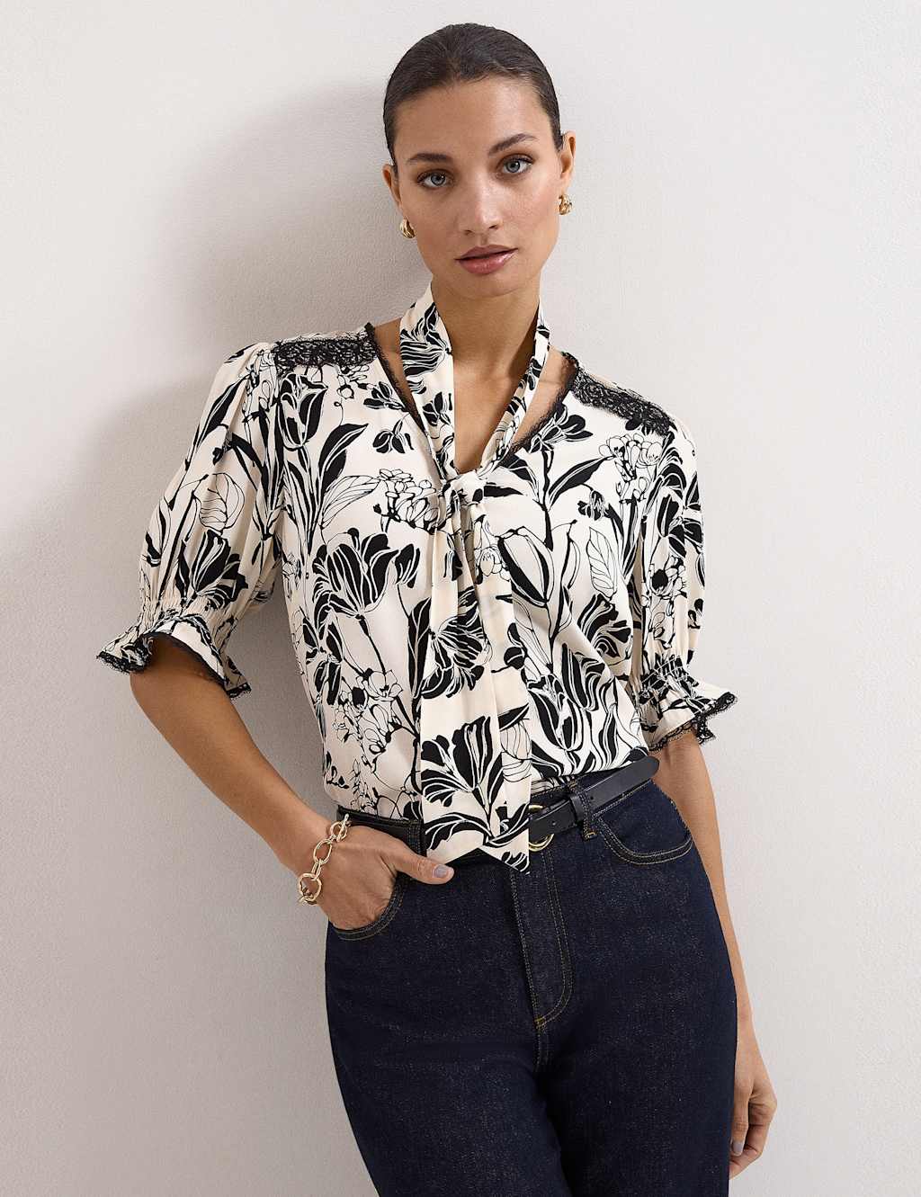 Phase Eight Women's Floral Tie Neck Puff Sleeve Blouse - 12 - Black Mix - Available at M&S
