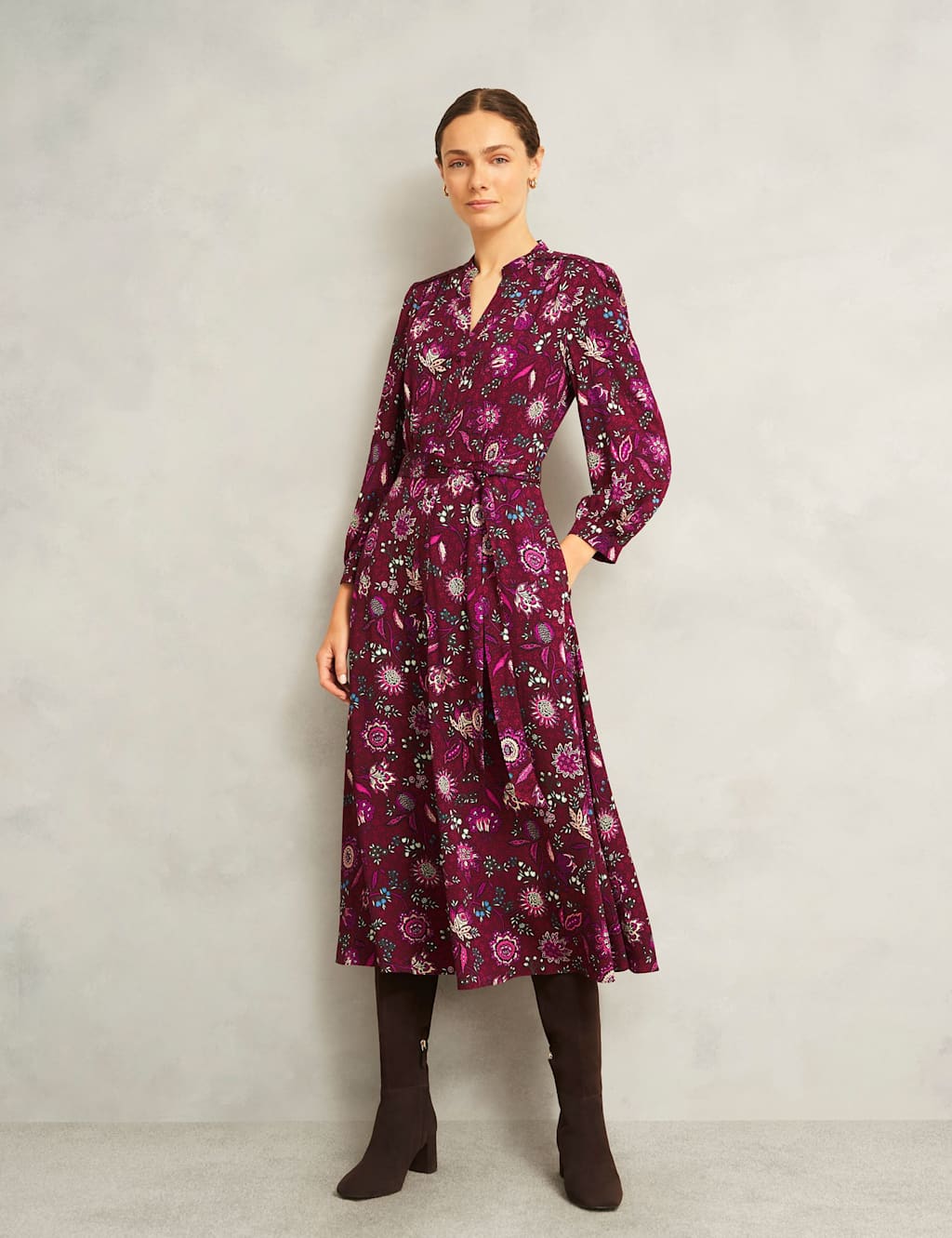 HOBBS Floral V-Neck Midi Skater Dress Red Mix