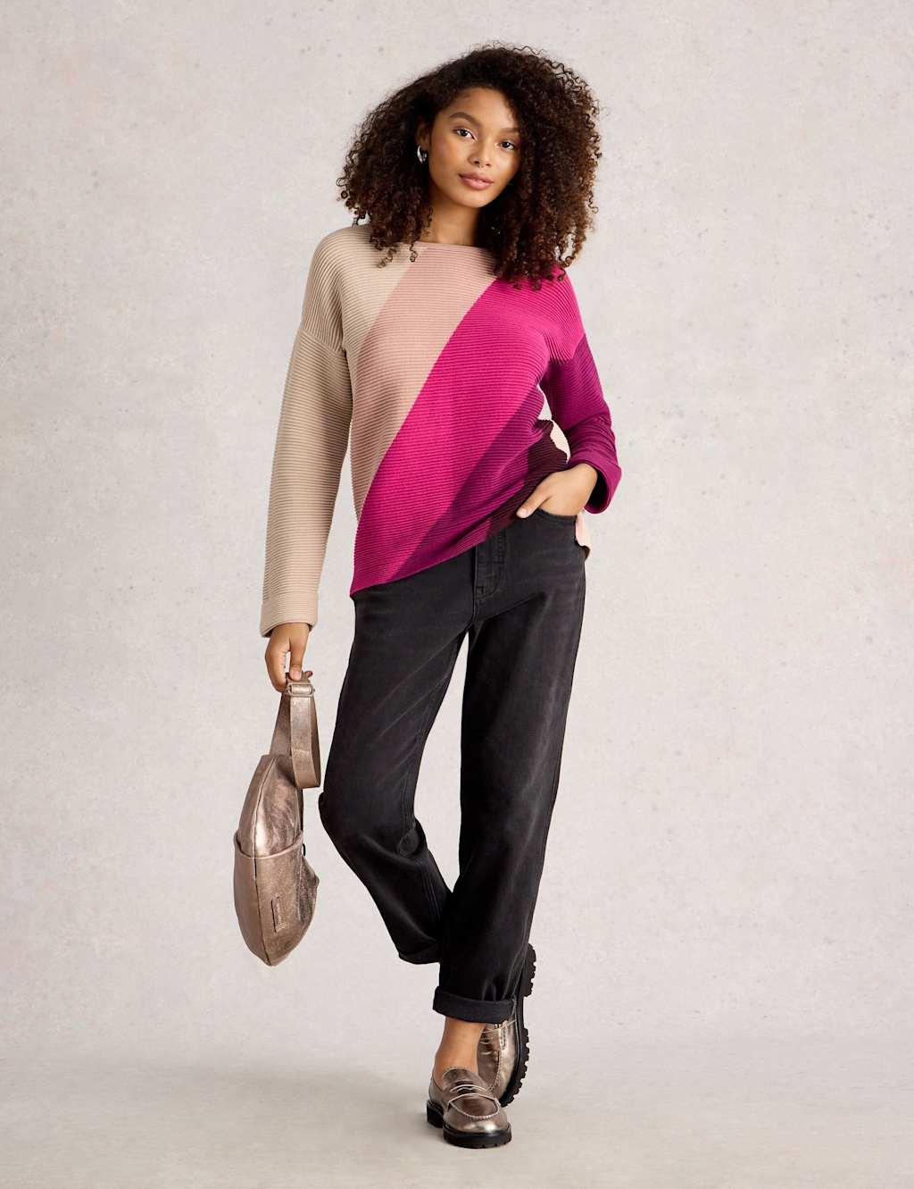 White Stuff Pure Cotton Colour Block Striped Jumper Purple Mix