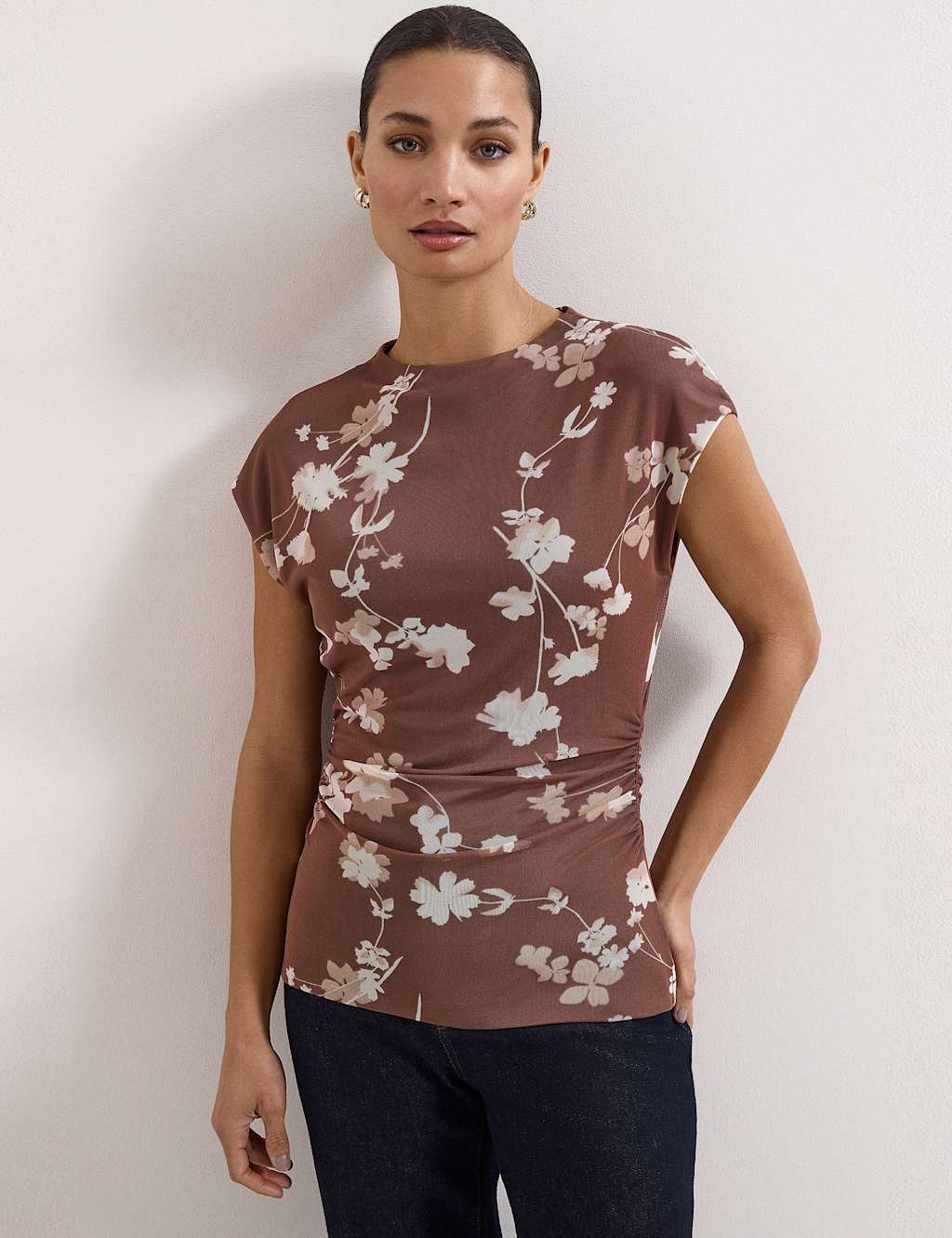 Phase Eight Women's Mesh Jersey Floral Ruched Top - 10 - Brown Mix - Available at M&S
