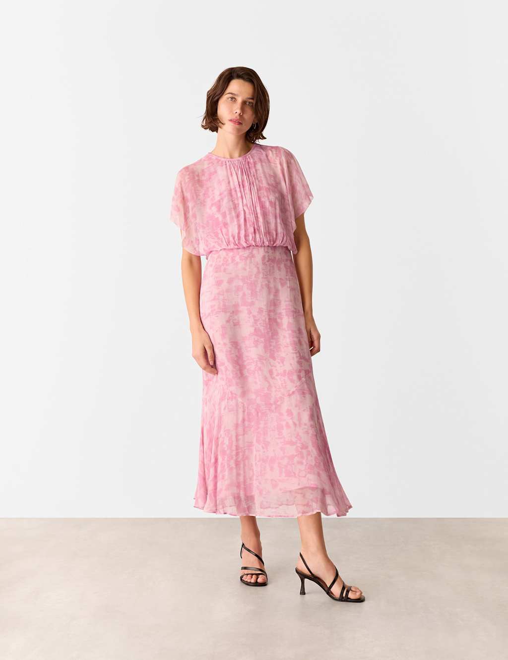 Printed Waterfall Sleeve Midi Skater Dress