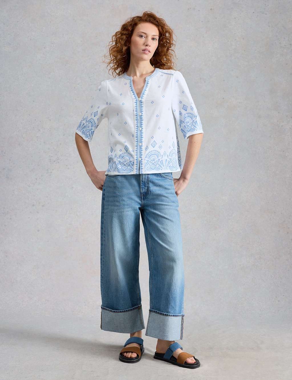 White Stuff Women's Pure Cotton Embroidered Notch Neck Top - 22 - White Mix - Available at M&S