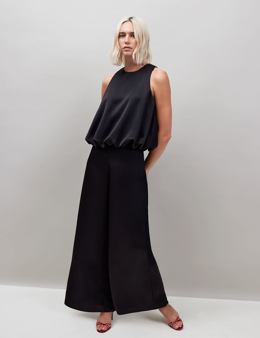RO&ZO Satin Elasticated Waist Wide Leg Trousers Black