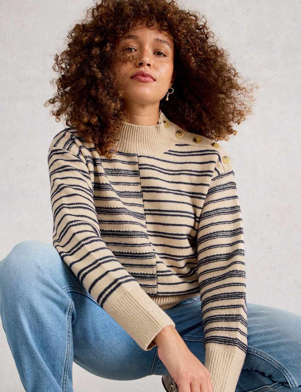 White Stuff Striped High Neck Jumper with Cotton Natural Mix