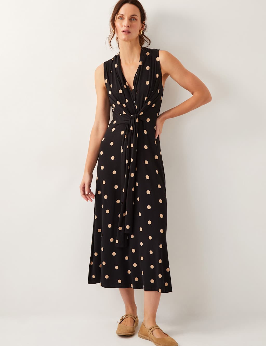 Monsoon Polka Dot V-Neck Tie Front Midi Skater Dress Black