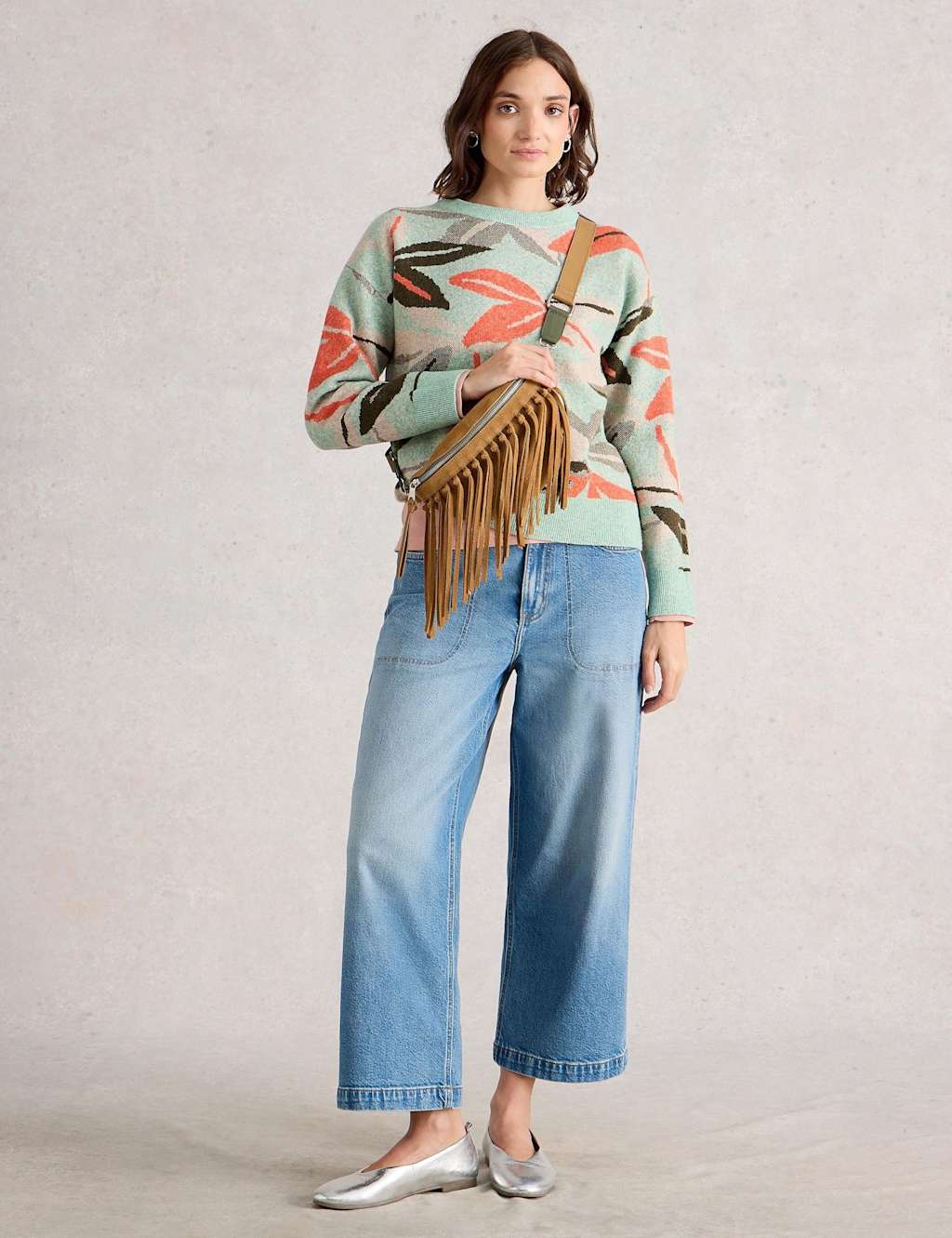 White Stuff Floral Crew Neck Jumper with Wool Green Mix