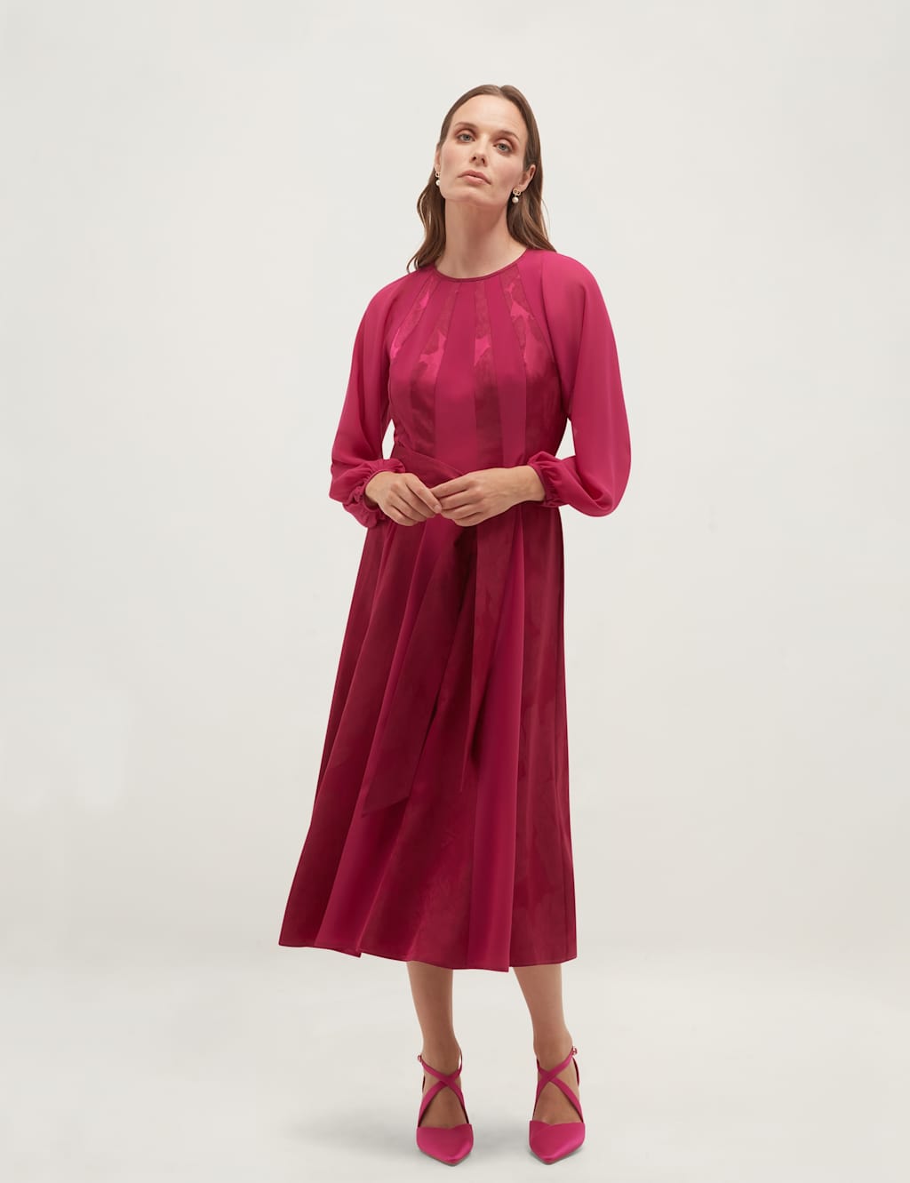Hobbs Women's Stripe Jacquard Belted Midi Skater Dress - 14 - Pink - Available at M&S