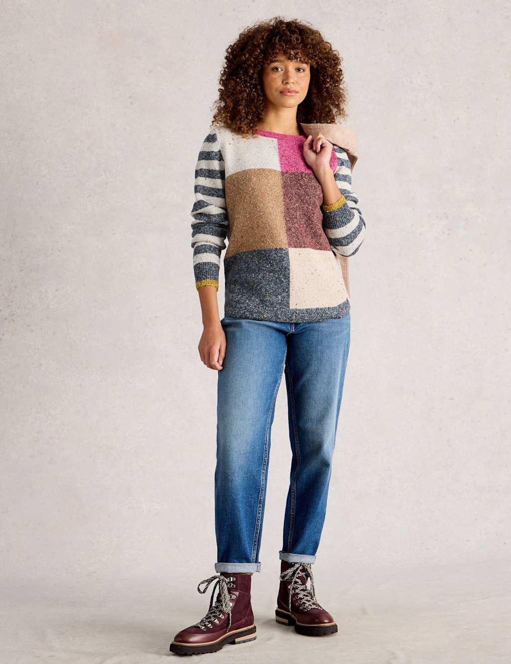 White Stuff Colour Block Crew Neck Jumper Pink Mix