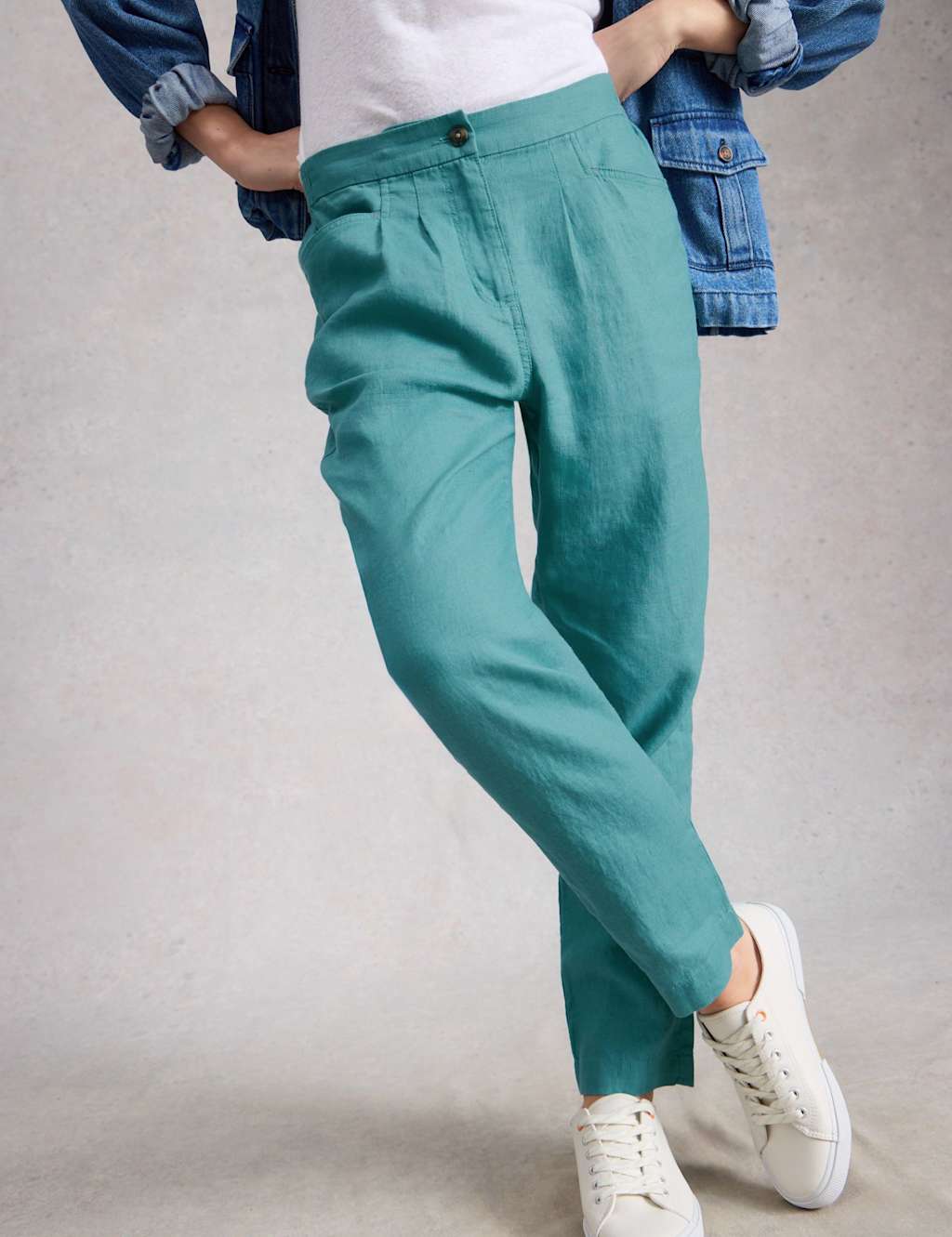 White Stuff Women's Pure Linen Tapered Ankle Grazer Trousers - 10 - Teal - Available at M&S