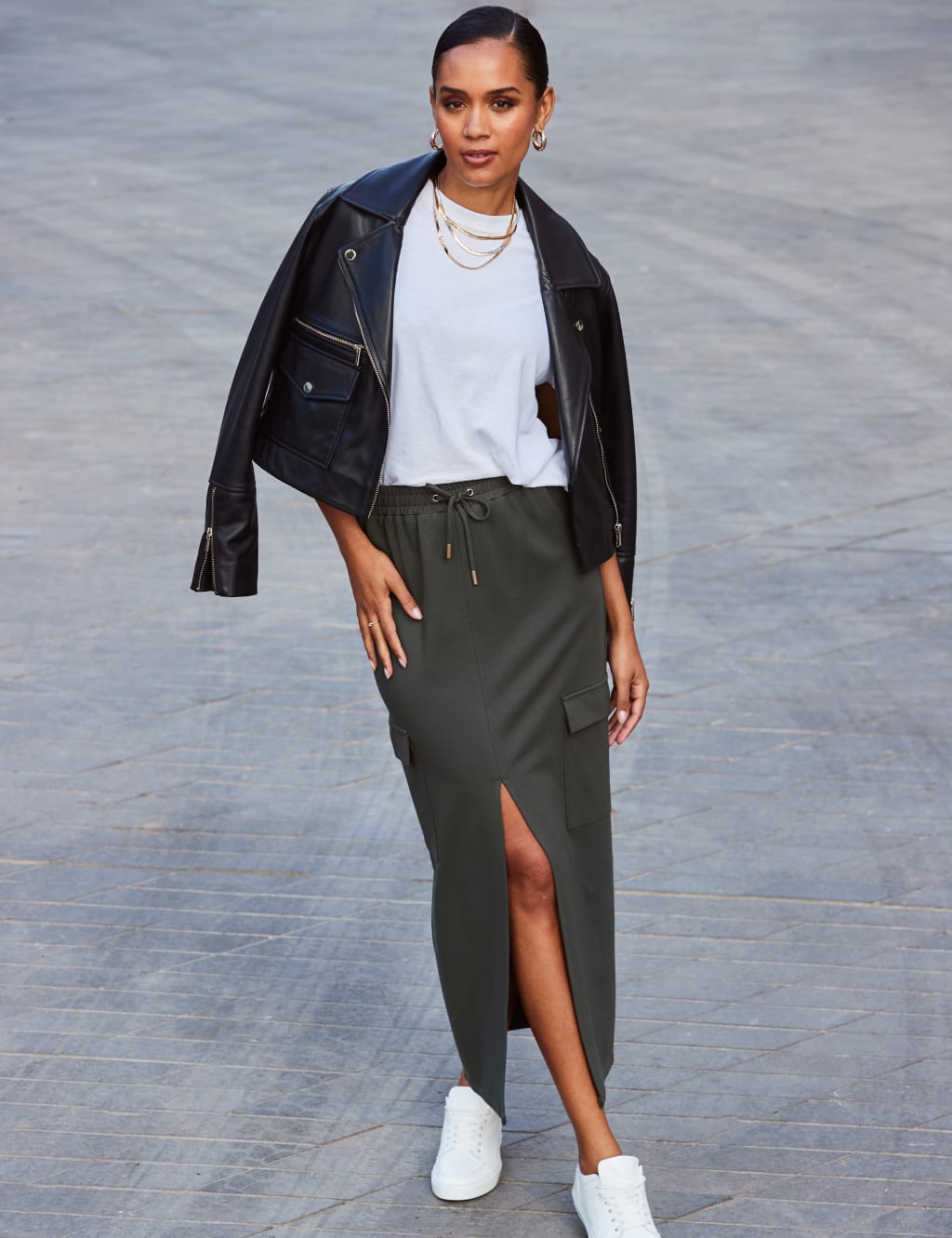 Jersey Split Front Midi Cargo Skirt