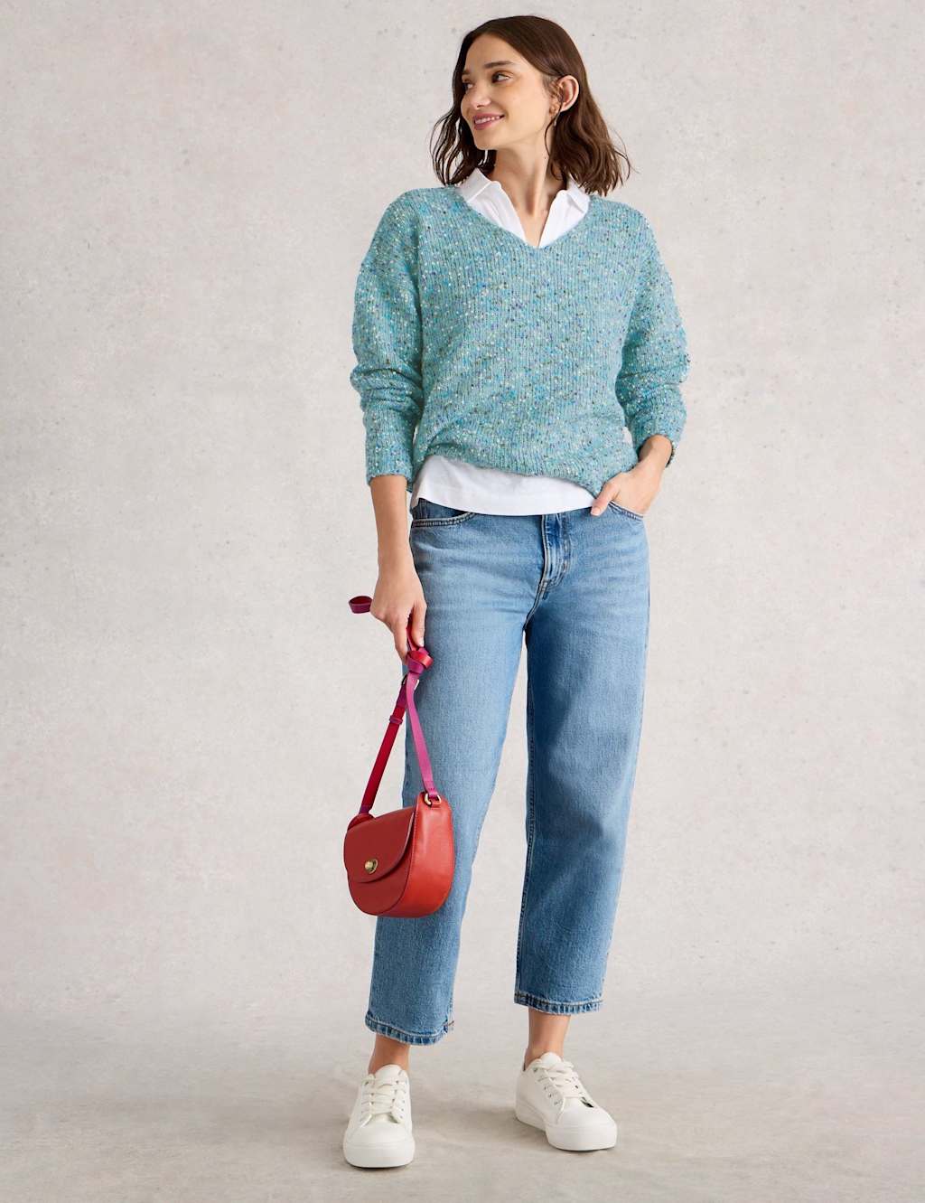 White Stuff V-Neck Textured Jumper with Wool Blue