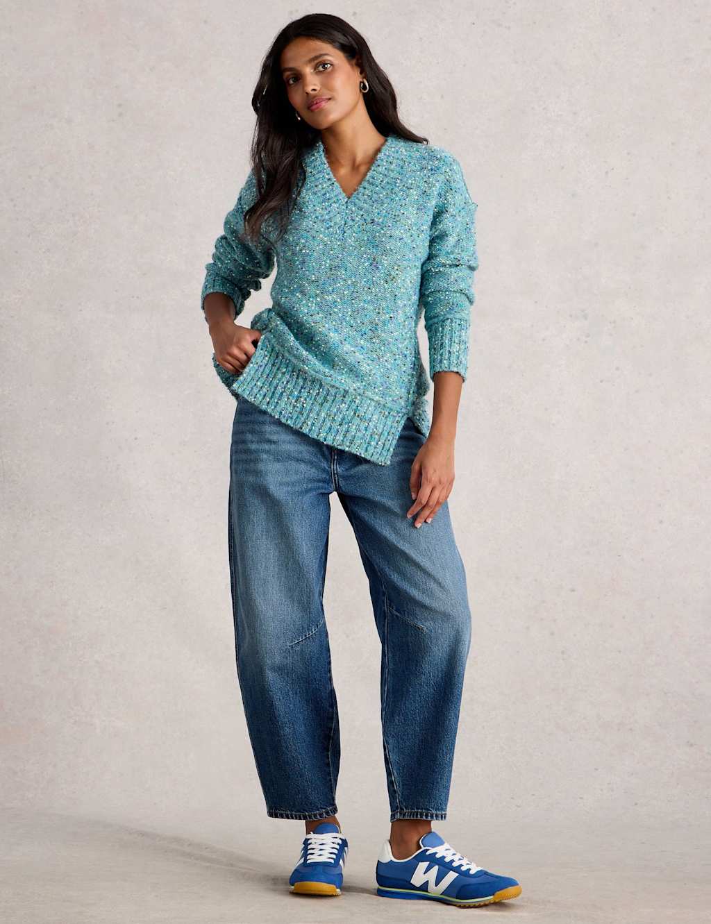 White Stuff Textured V-Neck Split Hem Jumper Blue