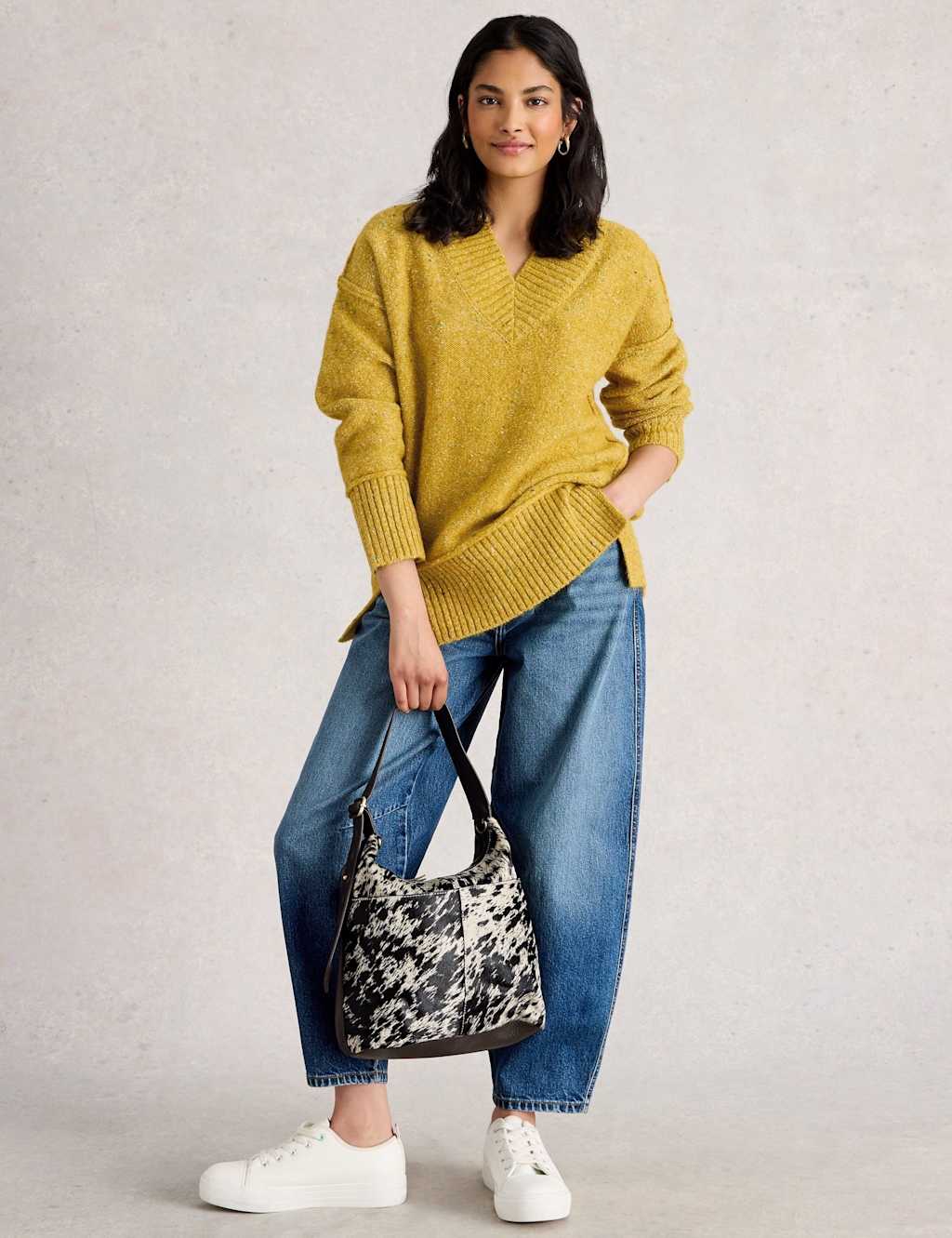 White Stuff Textured V-Neck Split Hem Jumper Yellow