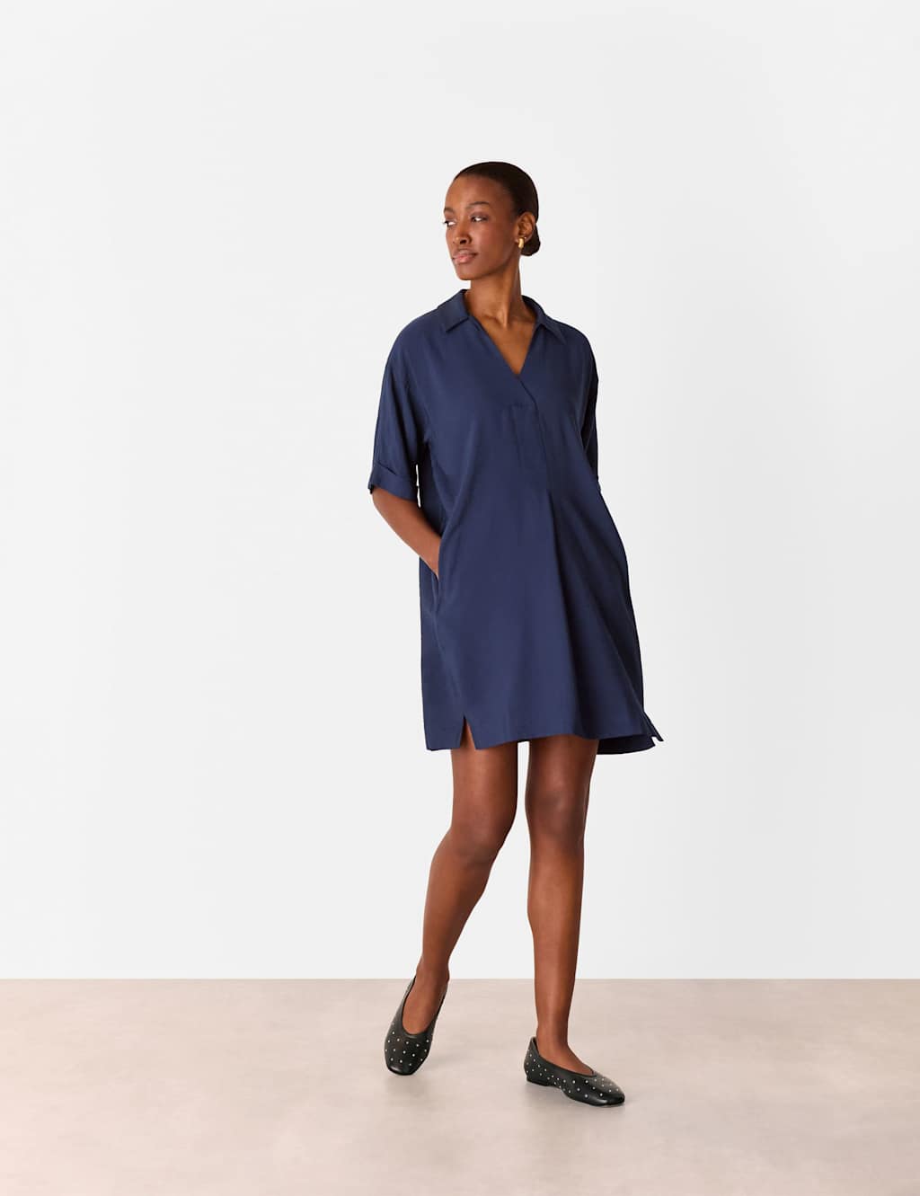 Collared V-Neck Mini Smock Dress