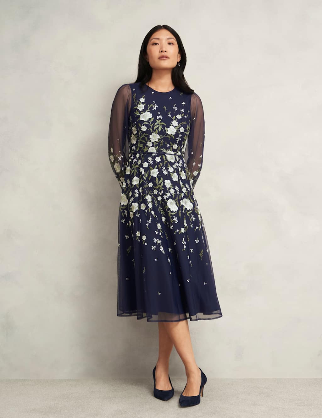 HOBBS Embroidered Midi Skater Dress Blue Mix