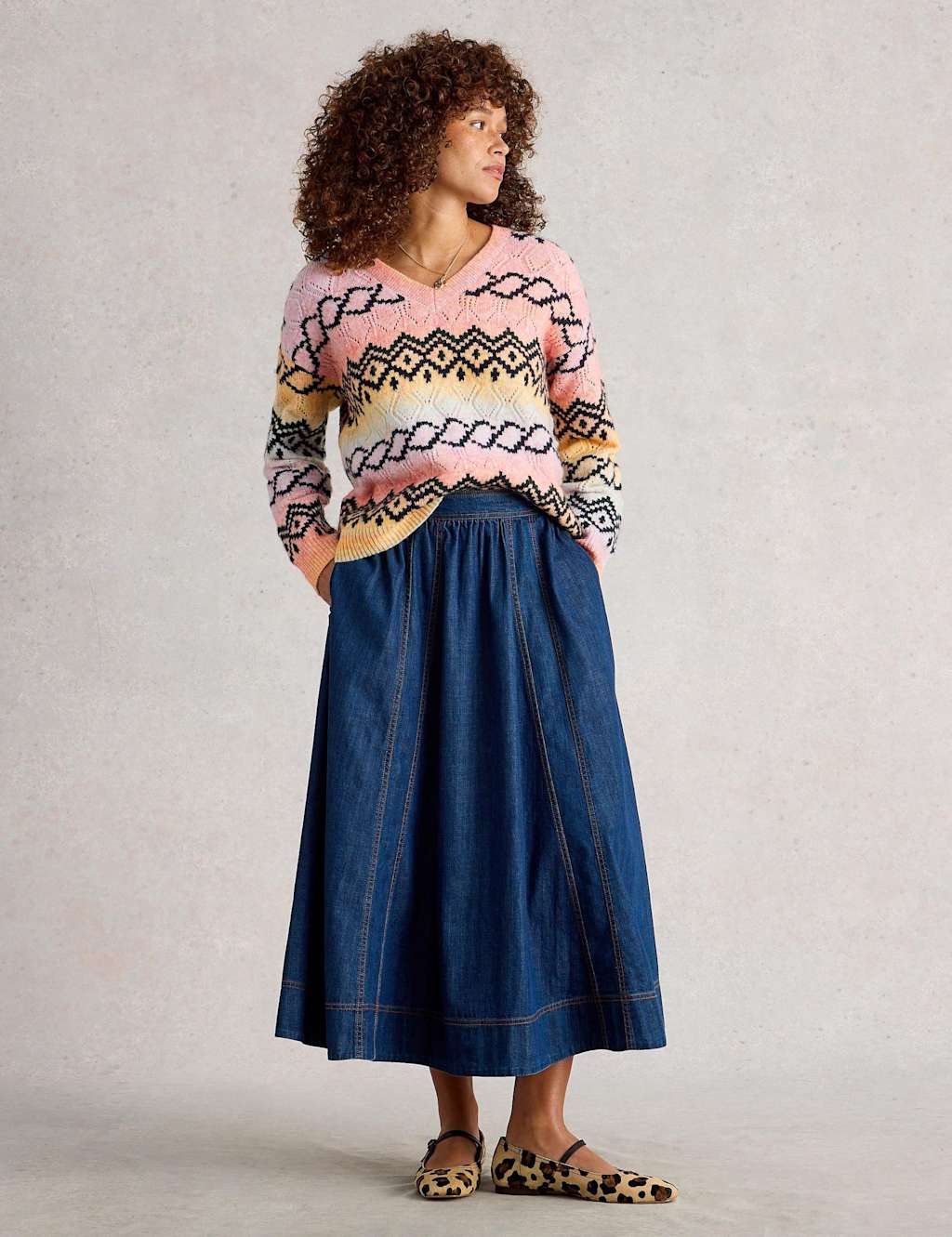 White Stuff Fair Isle Pointelle V-Neck Jumper with Wool Pink Mix