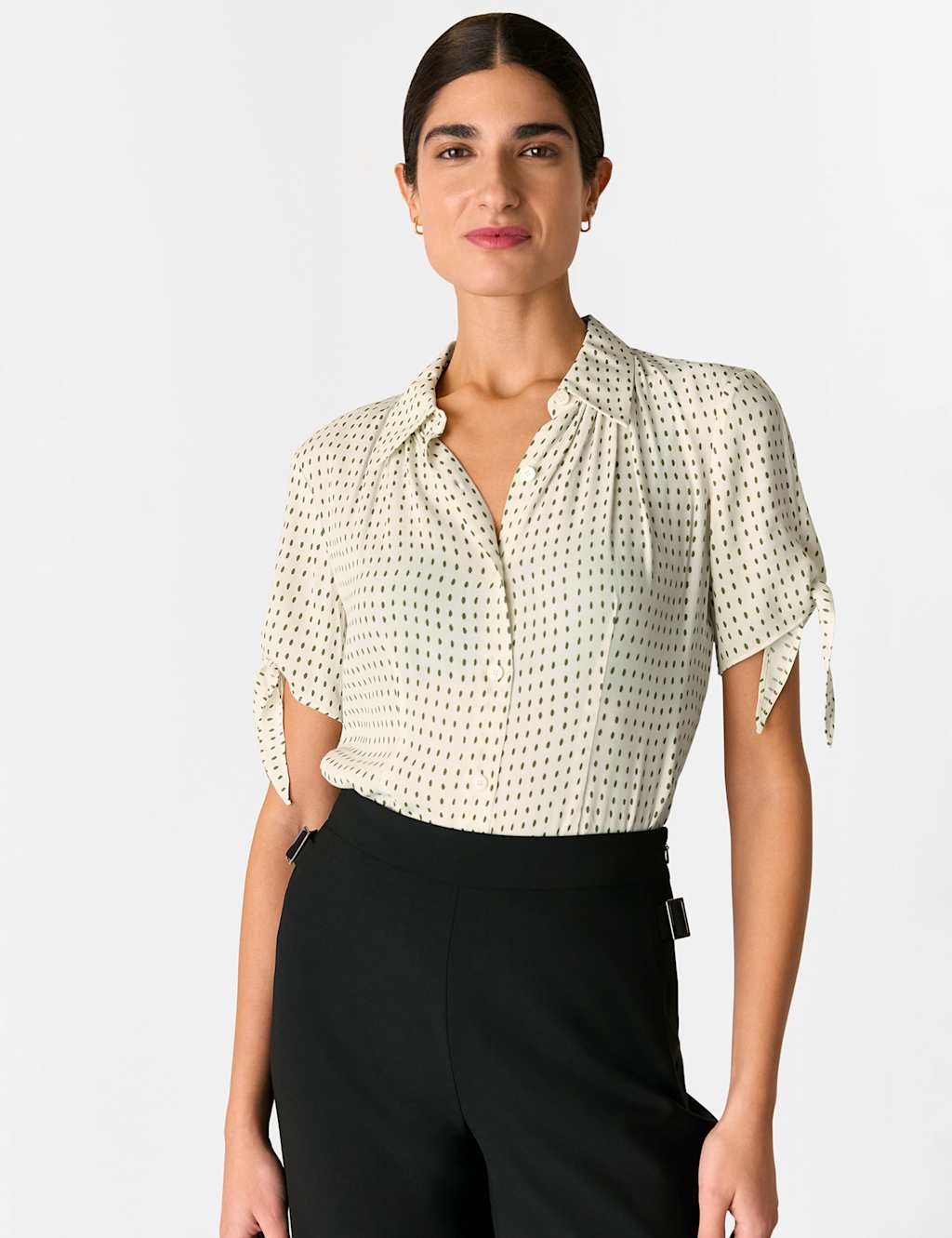 Polka Dot Collared Tie Sleeve Shirt