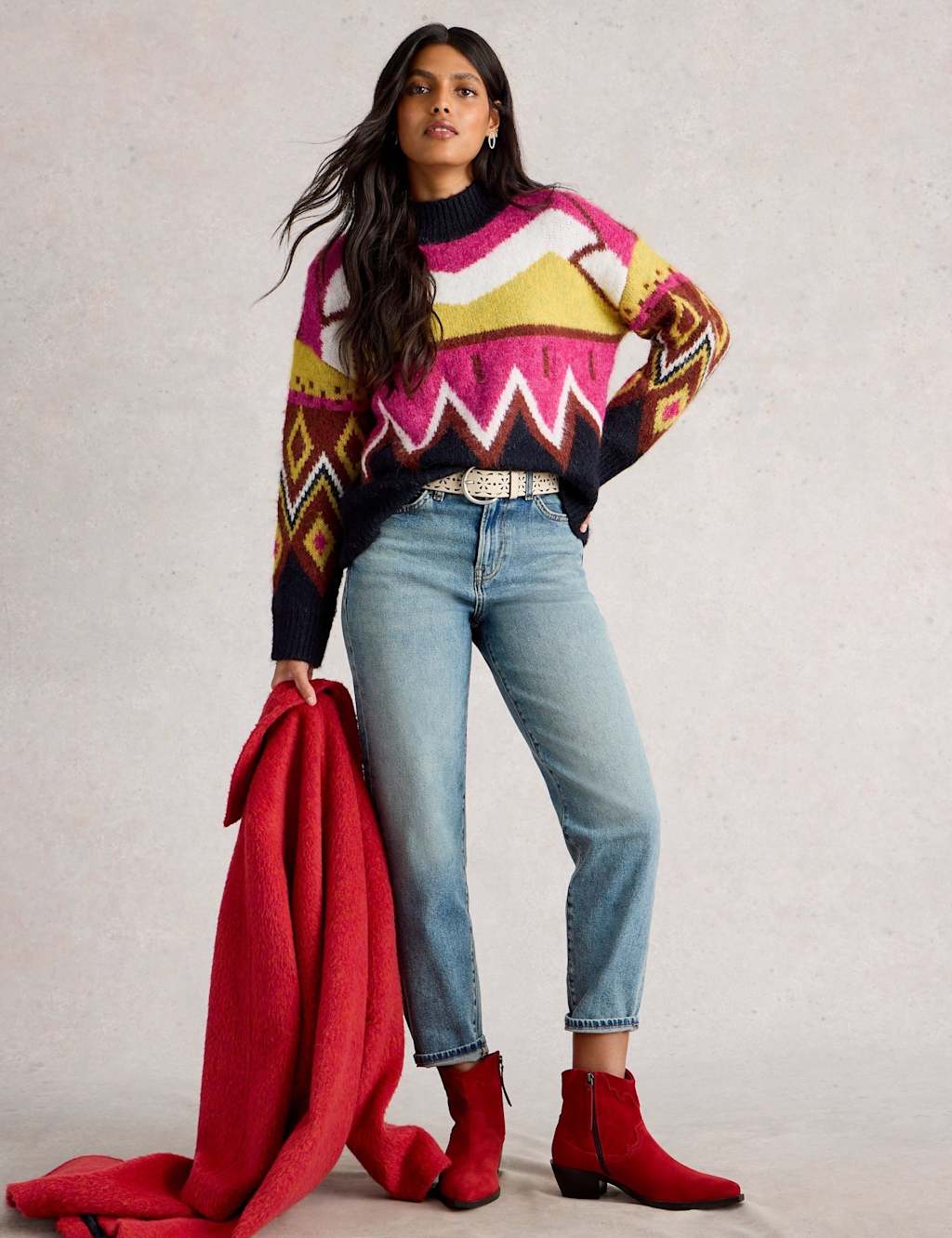 White Stuff Abstract Mock Neck Jumper Multi