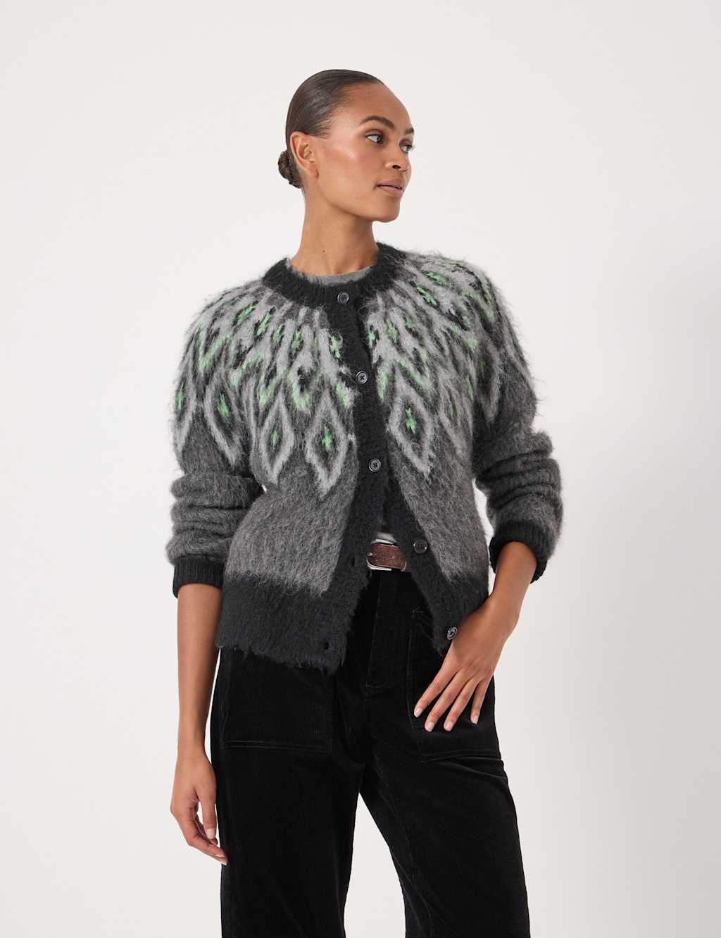 HUSH Fair Isle Button Through Cardigan with Mohair Charcoal Mix