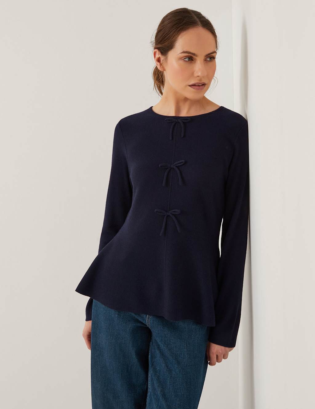Monsoon Wool Blend Peplum Bow Jumper Navy