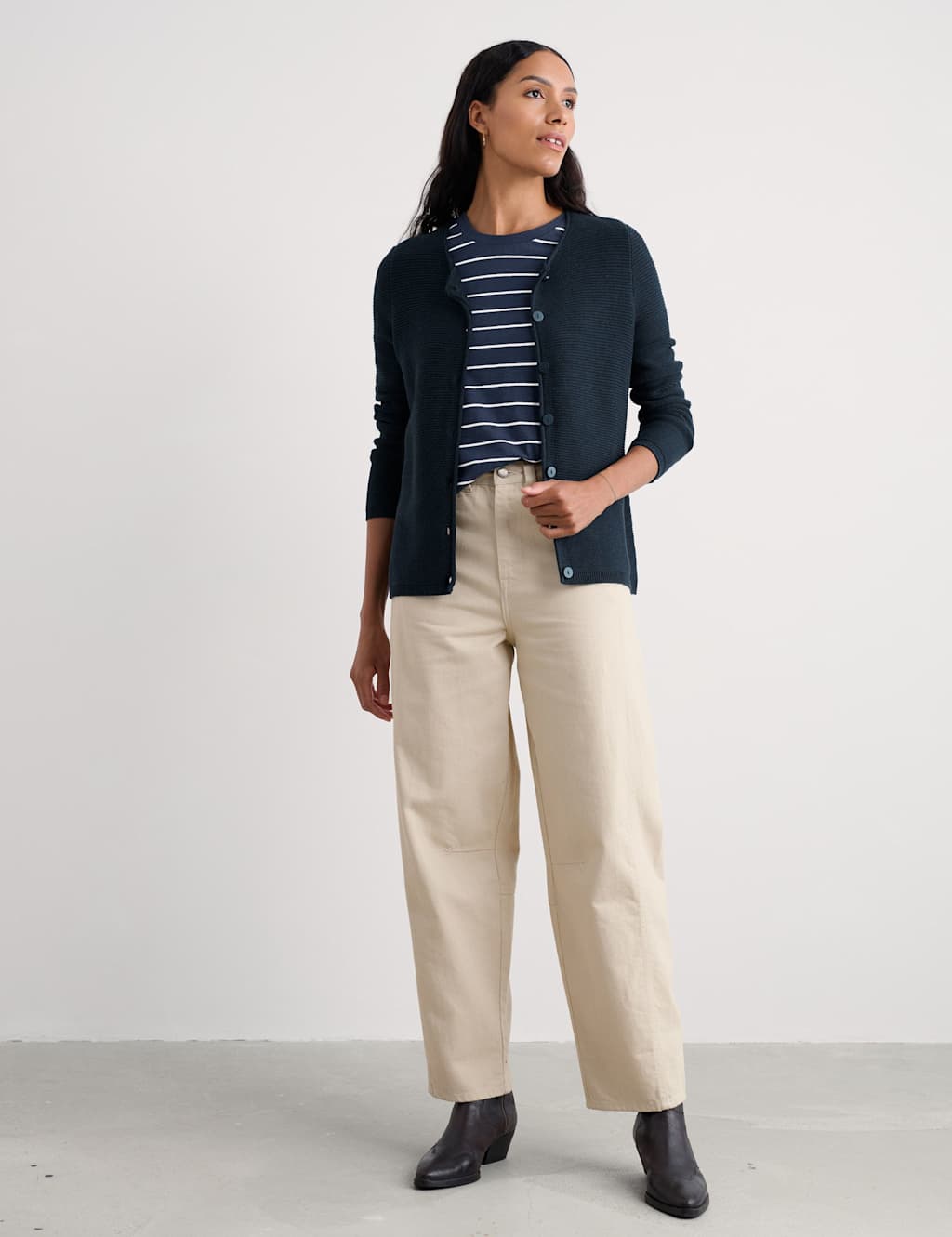 Seasalt Cornwall Women's Pure Cotton Ribbed Crew Neck Cardigan - 12 - Navy - Available at M&S