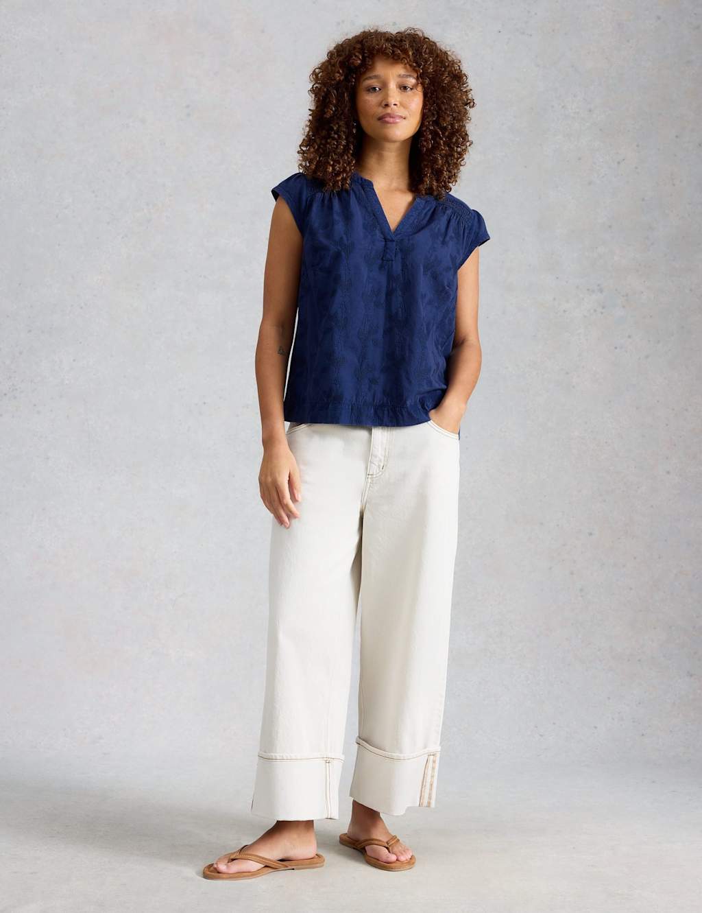 White Stuff Women's Pure Cotton Embroidered Notch Neck Blouse - 18 - Blue - Available at M&S