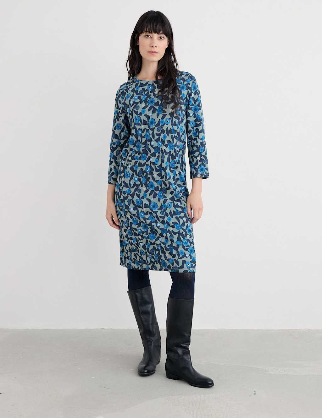 Seasalt Cornwall Cotton Rich Floral Shift Dress Blue Mix