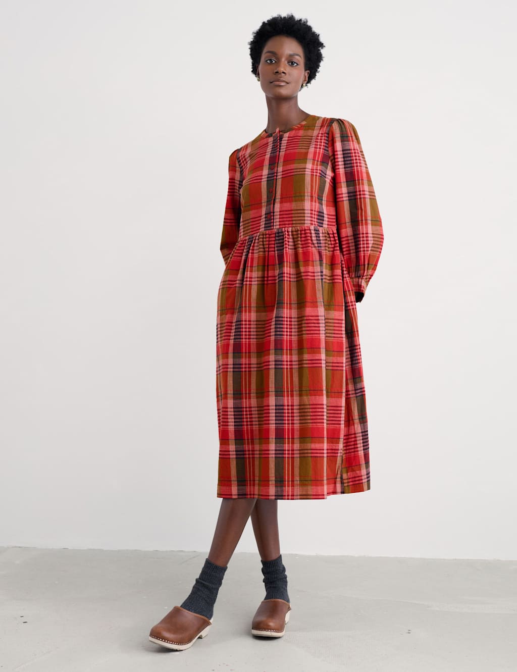 Seasalt Cornwall Pure Cotton Checked Midi Smock Dress Pink Mix
