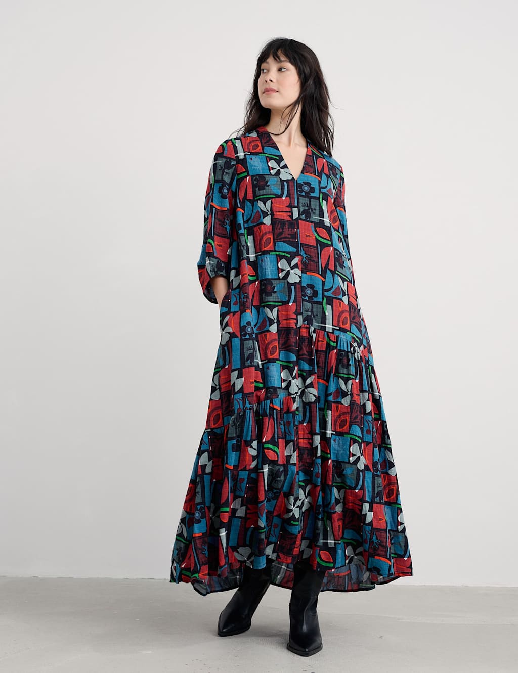 Seasalt Cornwall Cotton Rich Printed Midaxi Tiered Dress Multi