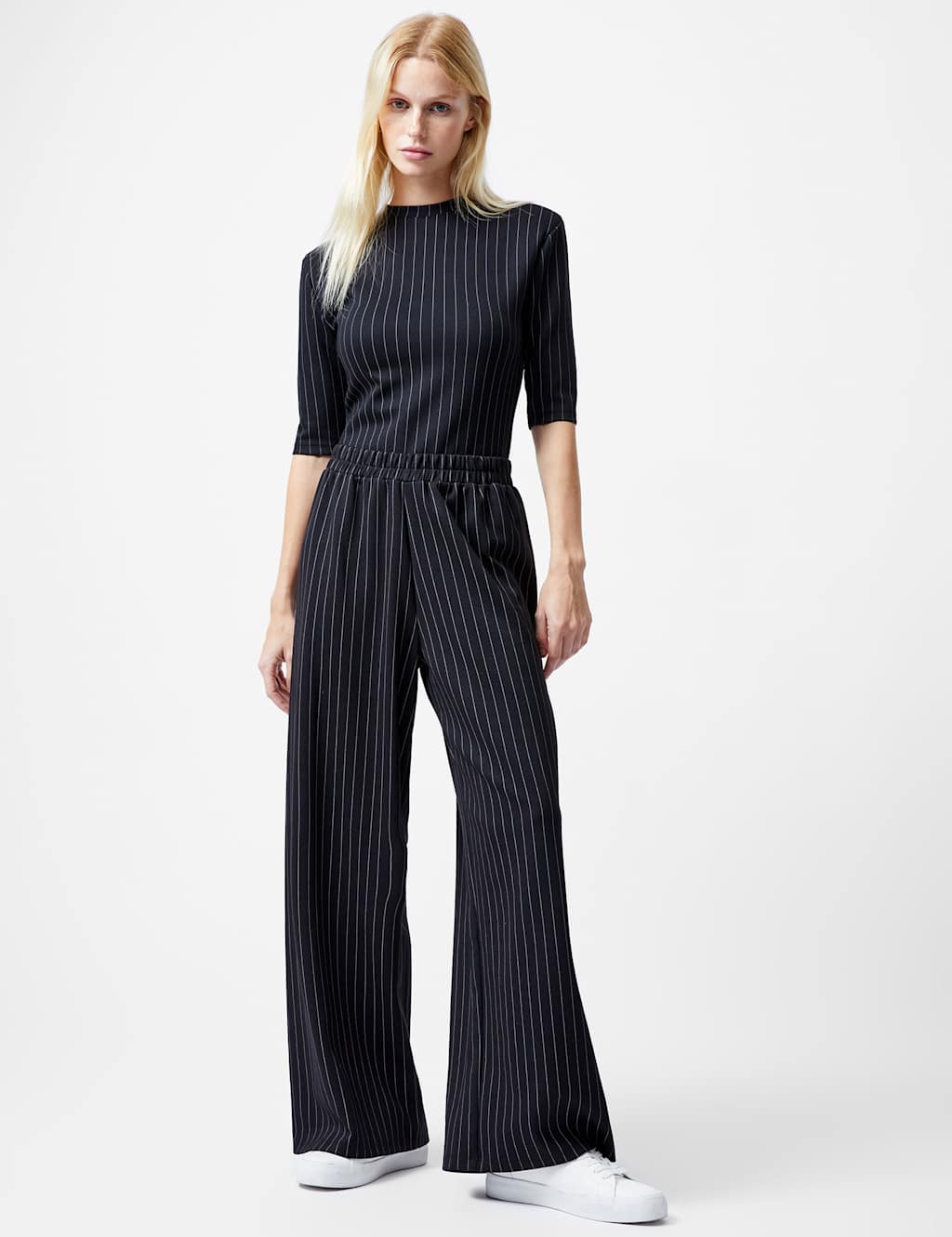 Modal Blend Jersey Pinstripe Wide Leg Trousers