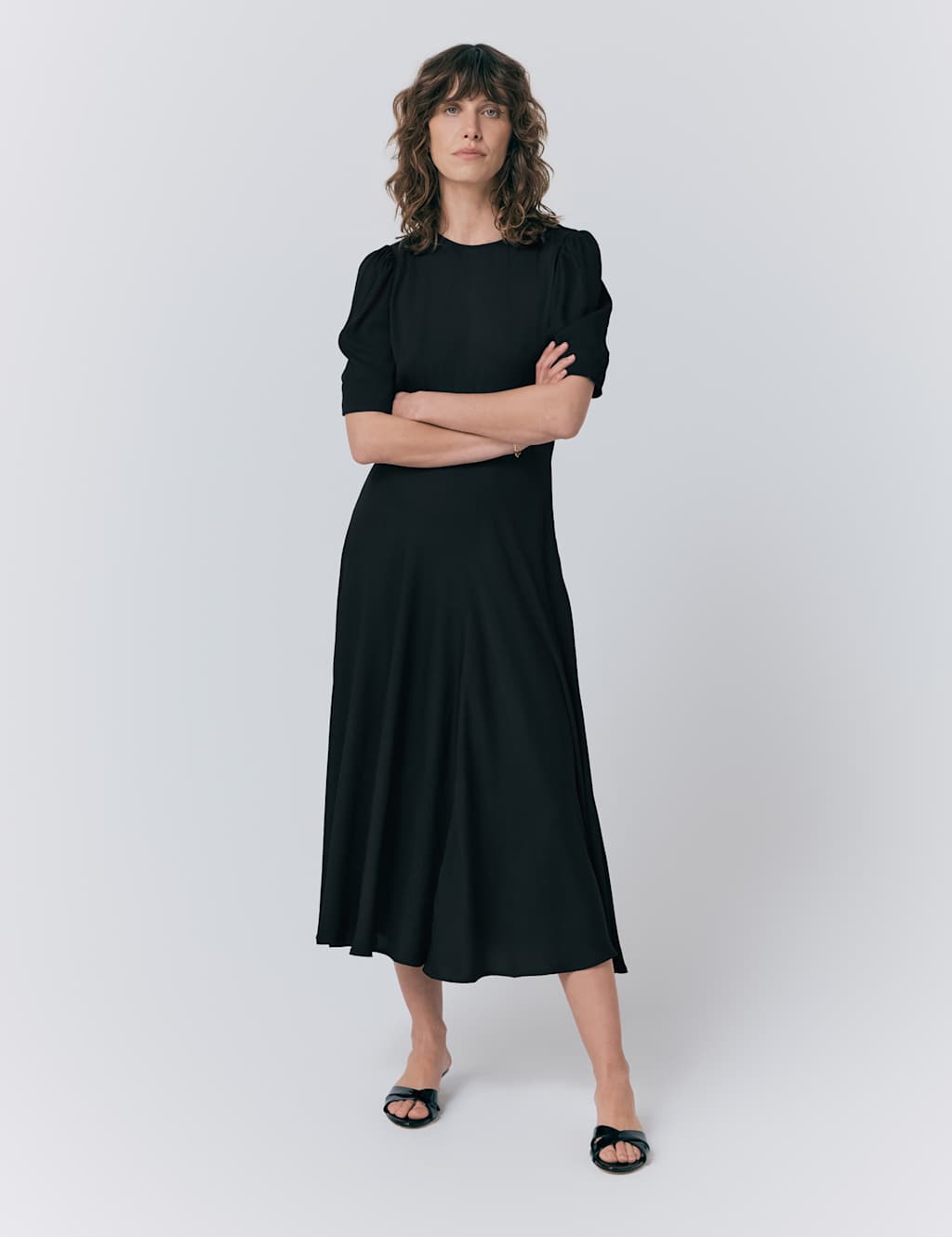 Crepe Round Neck Puff Sleeve Midi Tea Dress