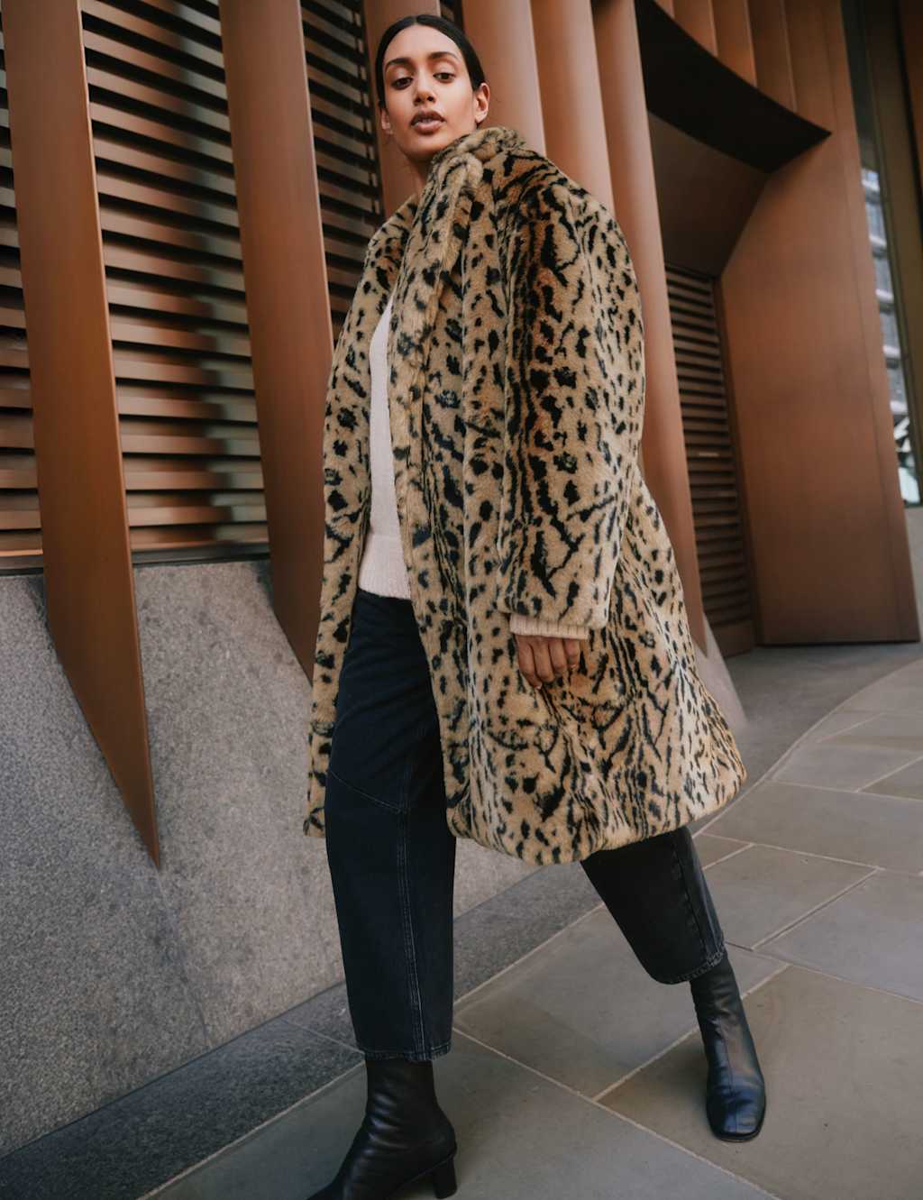 Albaray Faux Fur Leopard Print Oversized Longline Coat Brown Mix