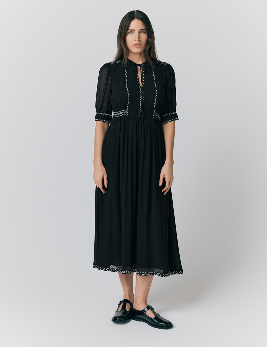 Embroidered Tie Neck Midi Smock Dress
