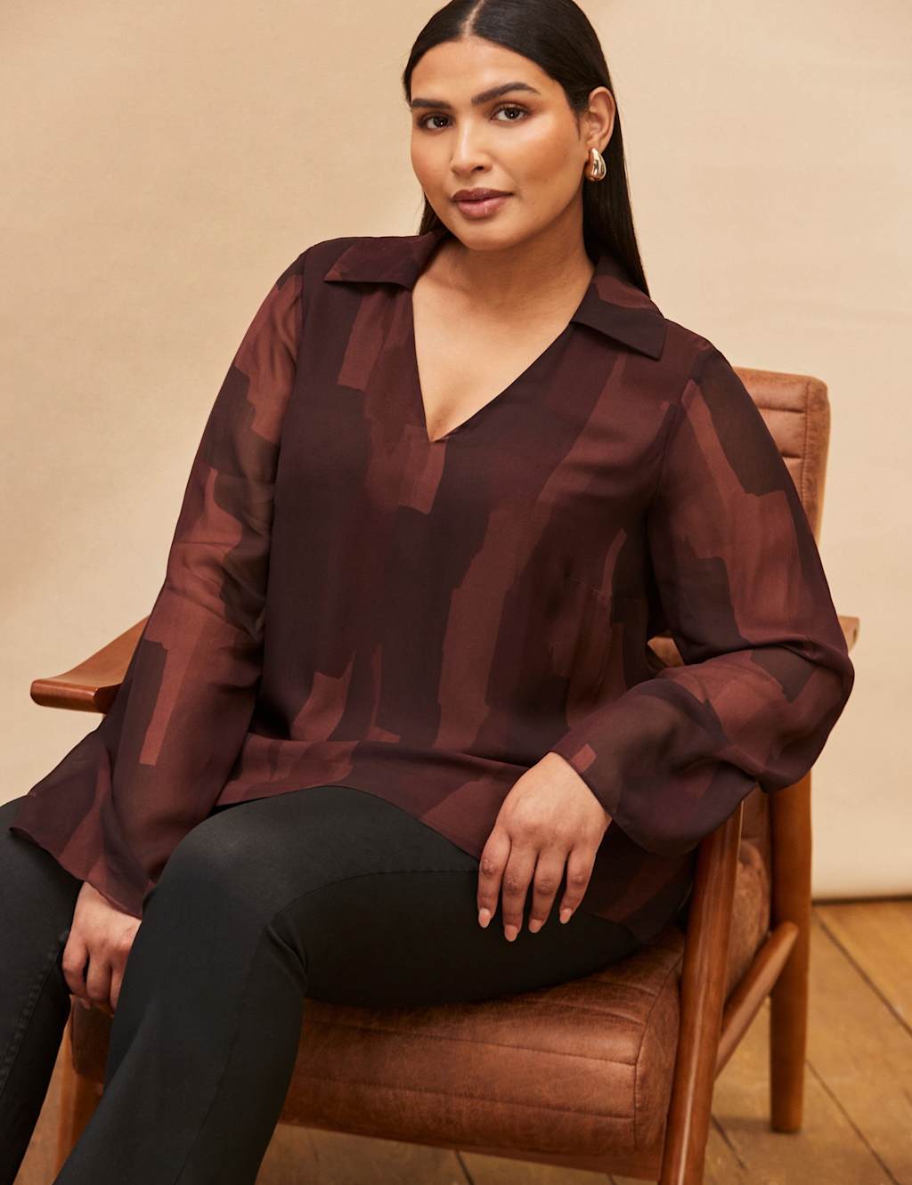 Live Unlimited London Geometric V-Neck Tunic Brown