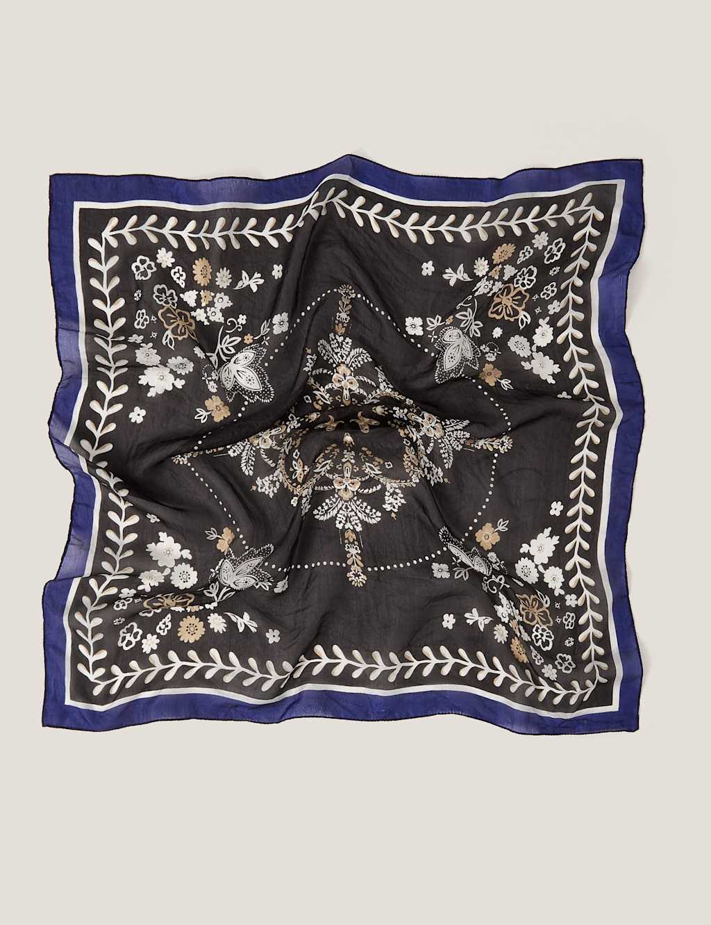 Monsoon Pure Silk Floral Square Scarf Navy