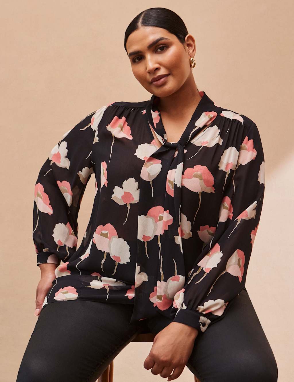 Live Unlimited London Floral Tie Neck Blouson Sleeve Blouse Black