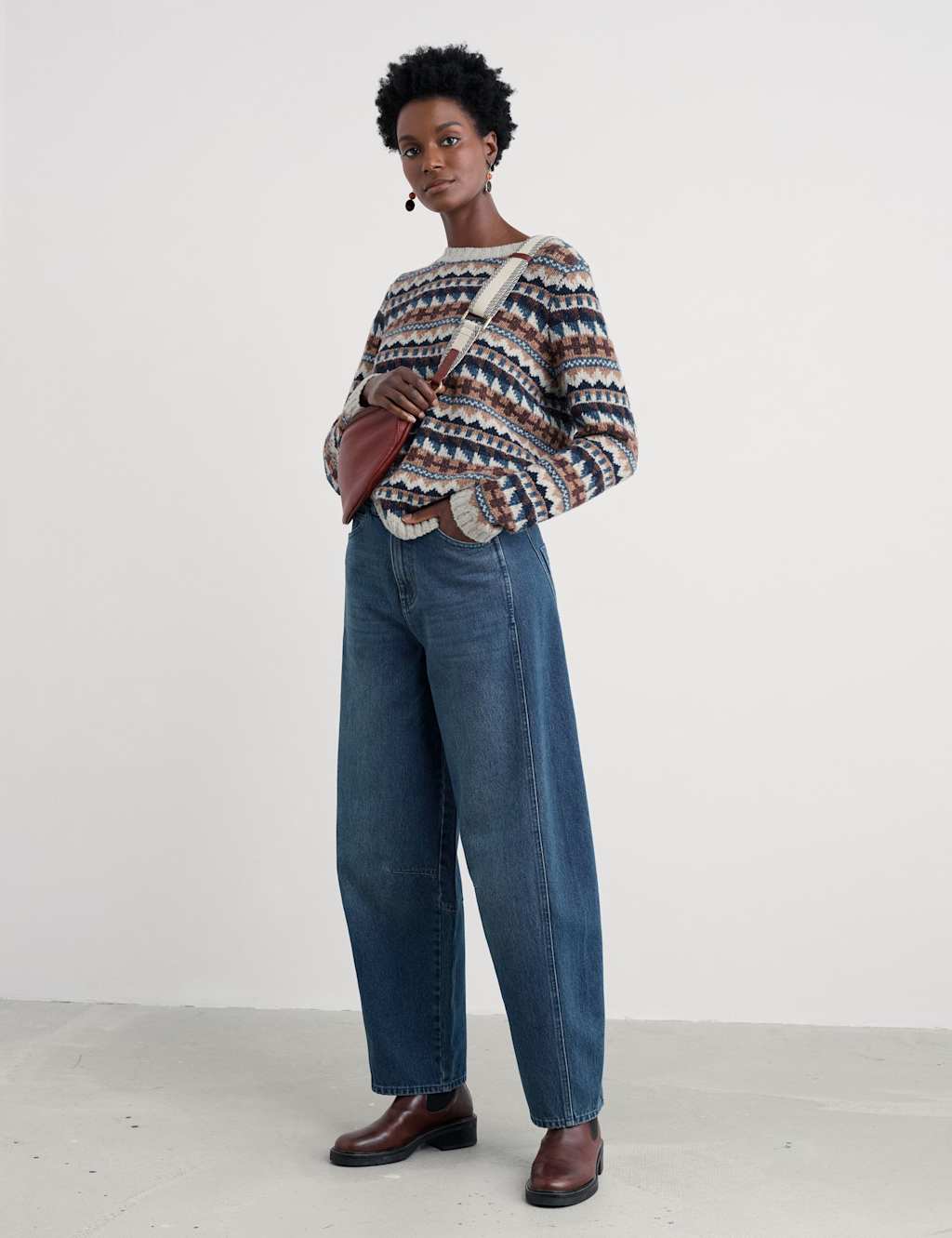 Seasalt Cornwall Merino Wool Rich Fair Isle Crew Neck Jumper Brown Mix