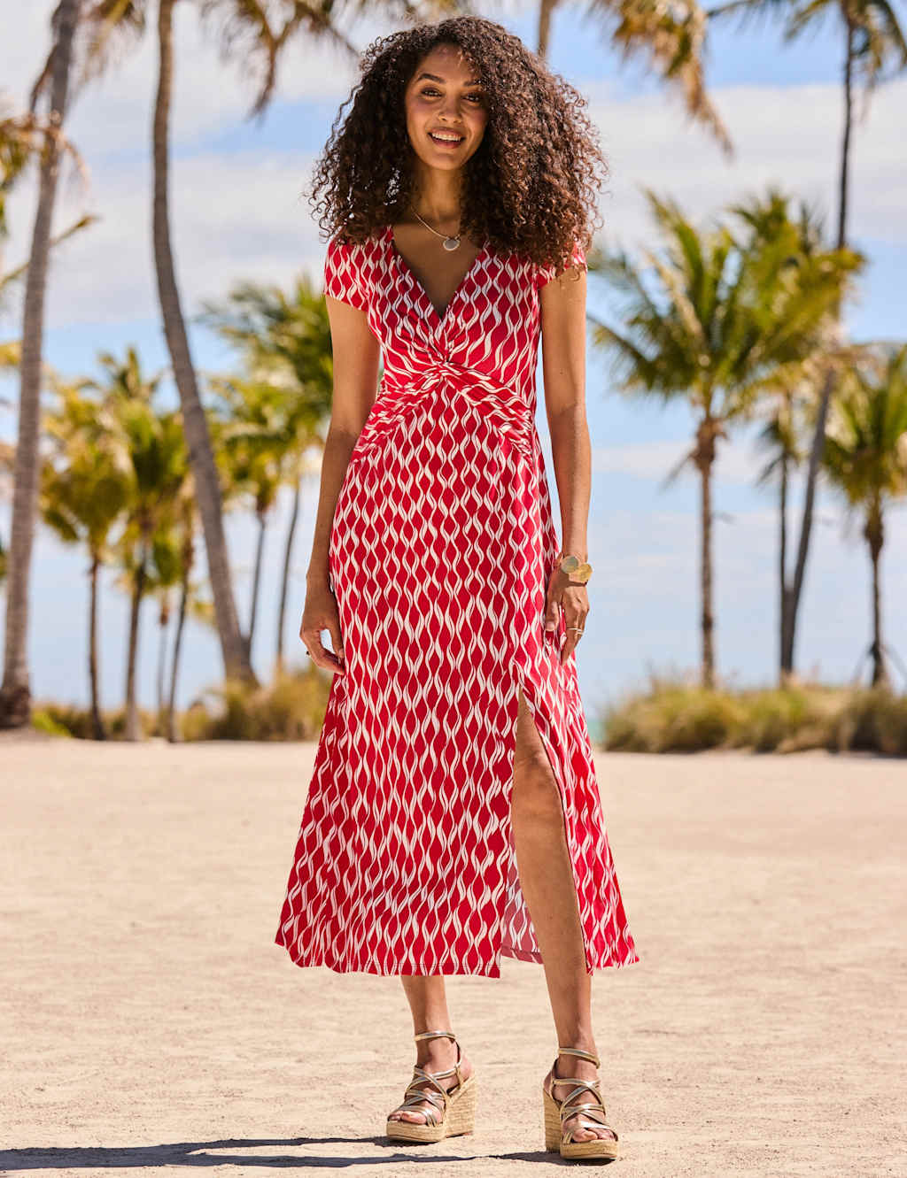 Sosandar Women's Geometric V-Neck Midi Waisted Dress - 12 - Pink Mix - Available at M&S