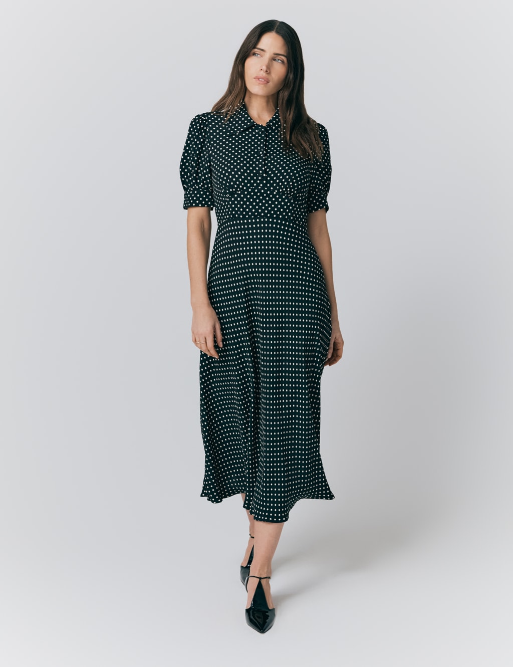 Crepe Polka Dot Midi Tea Dress