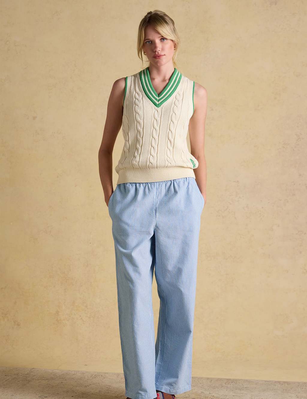 Joules Women's Pure Cotton Striped Wide Leg Trousers - Extra Small - Blue Mix - Available at M&S