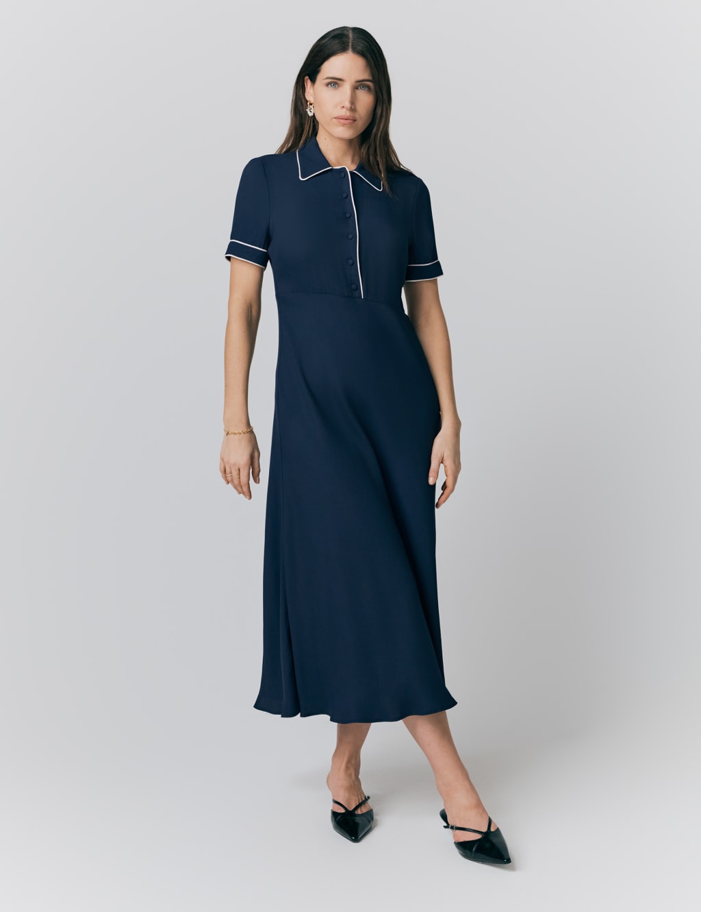 Crepe Piping Detail Midi Shirt Dress